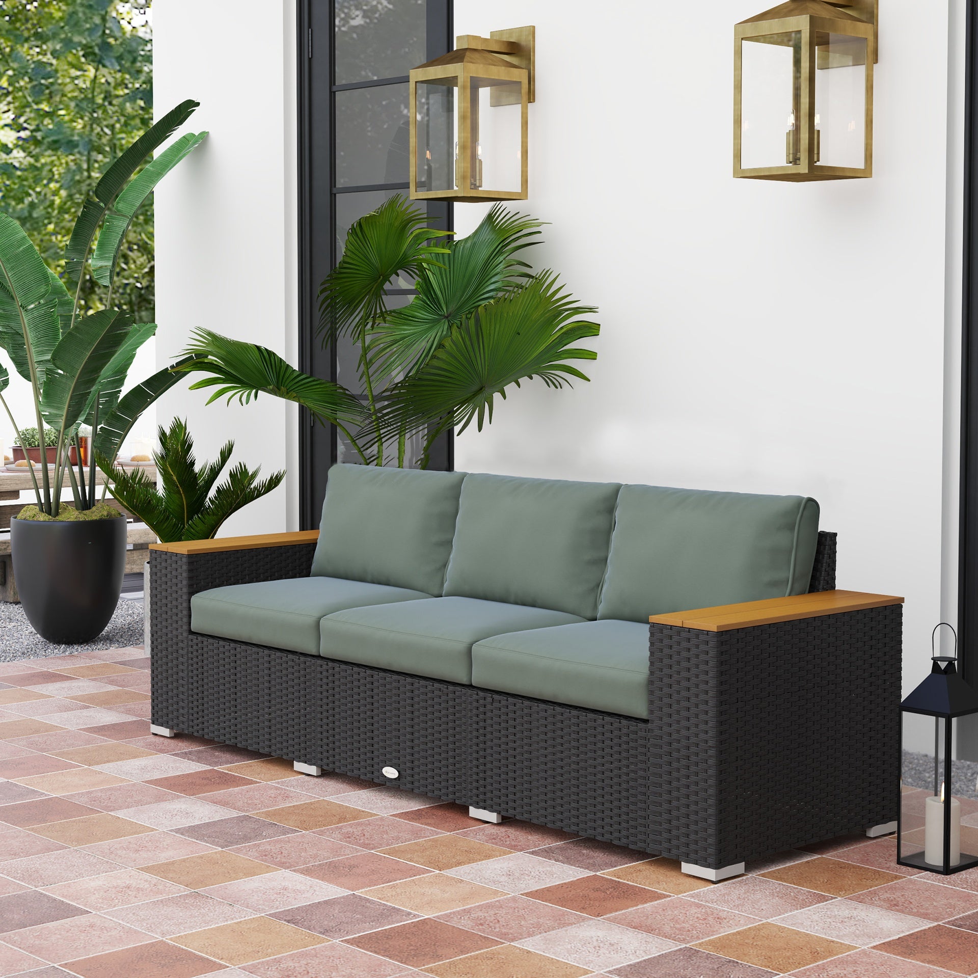 Outsunny 3-Seat Outdoor Patio Sofa, PE Wicker Outdoor Couch with  Extra Wide Deep Seat, Wide Armrests 4" Cushions, Dark Gray
