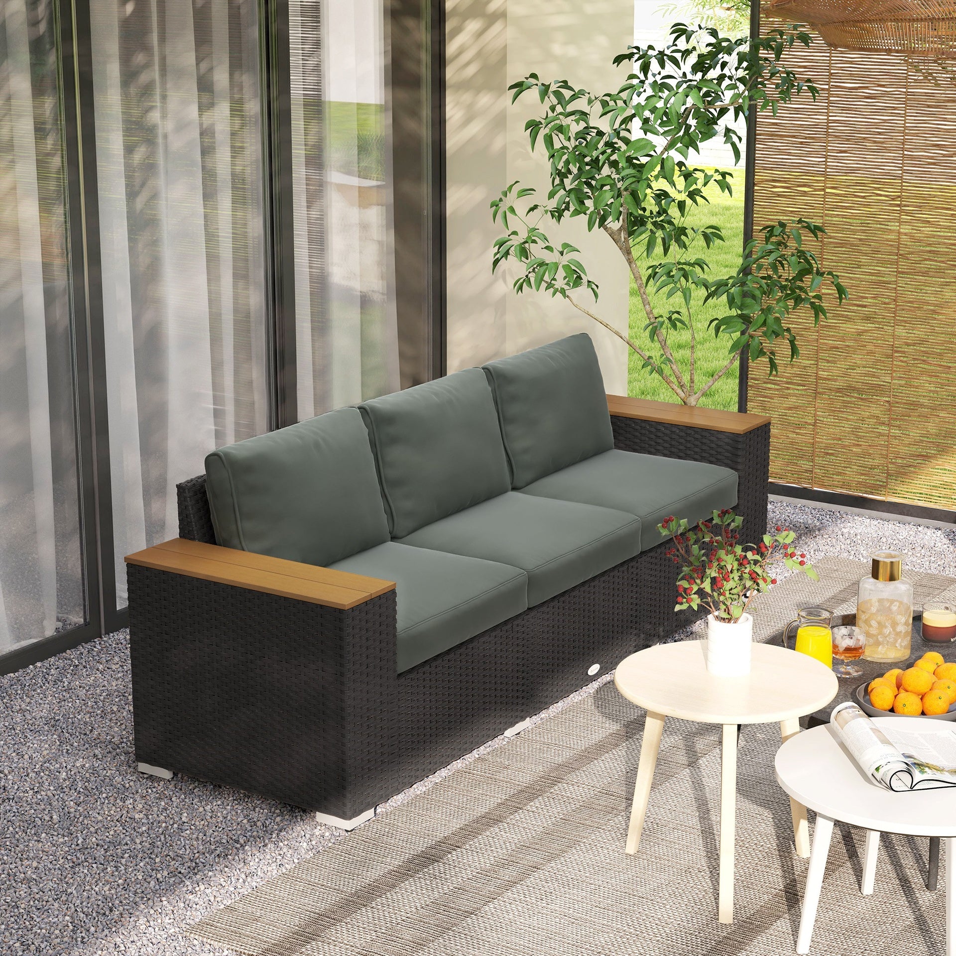 Outsunny 3-Seat Outdoor Patio Sofa, PE Wicker Outdoor Couch with  Extra Wide Deep Seat, Wide Armrests 4" Cushions, Dark Gray