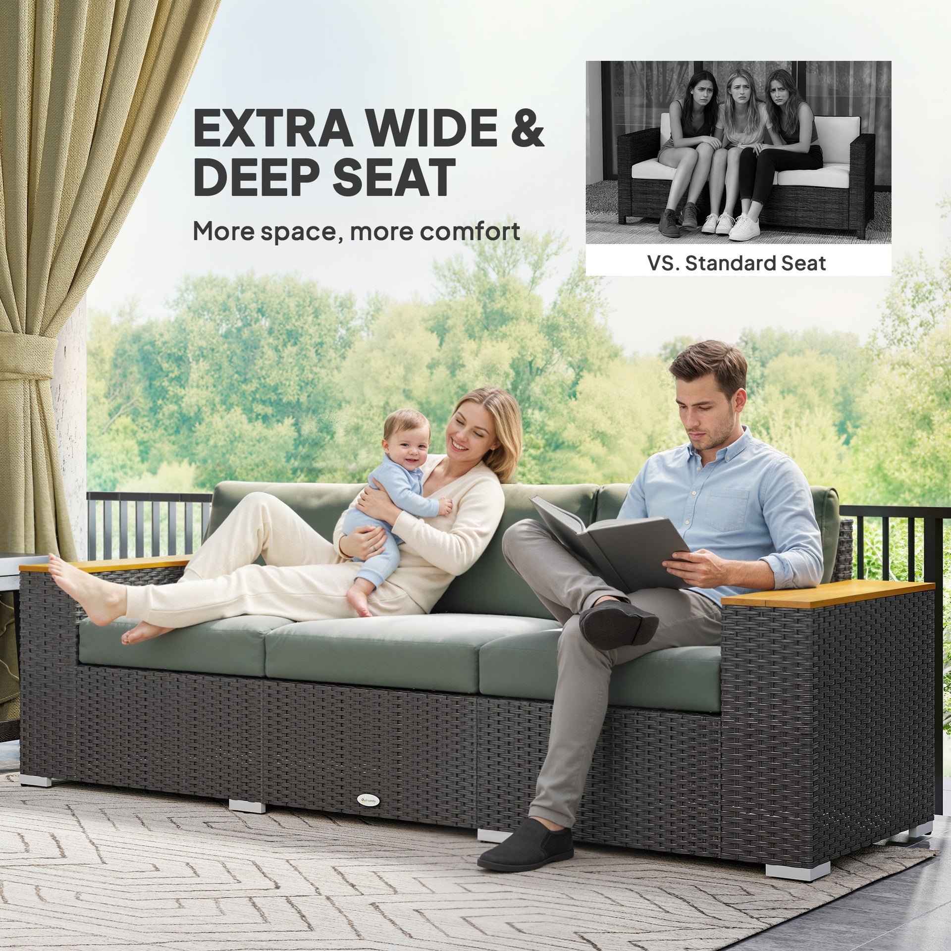 Outsunny 3-Seat Outdoor Patio Sofa, PE Wicker Outdoor Couch with  Extra Wide Deep Seat, Wide Armrests 4" Cushions, Dark Gray