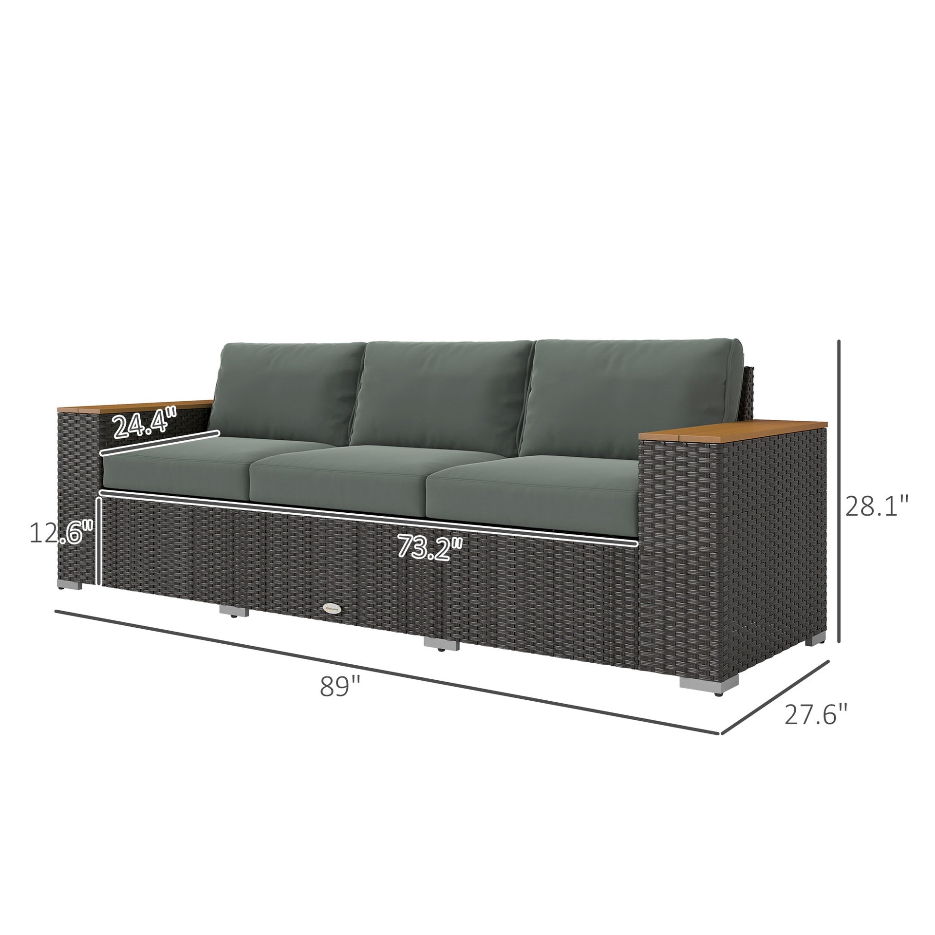 Outsunny 3-Seat Outdoor Patio Sofa, PE Wicker Outdoor Couch with  Extra Wide Deep Seat, Wide Armrests 4" Cushions, Dark Gray