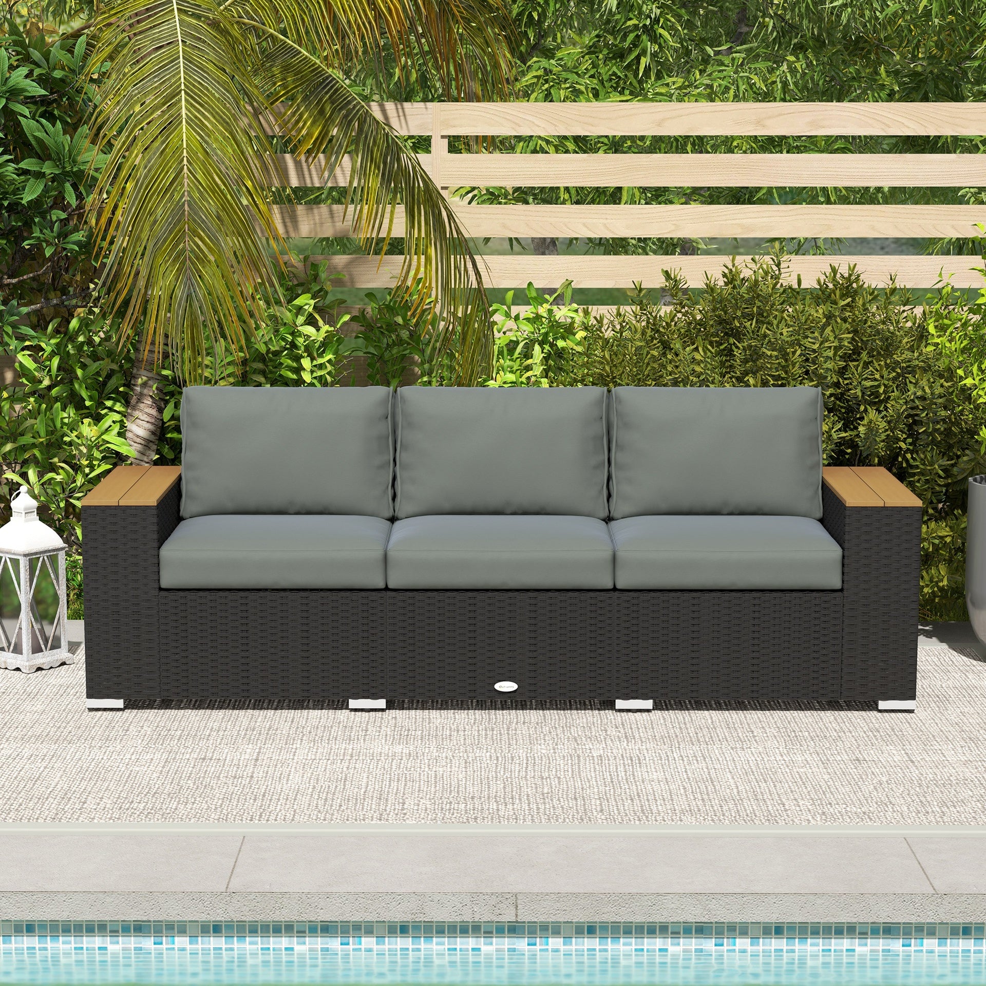 Outsunny 3-Seat Outdoor Patio Sofa, PE Wicker Outdoor Couch with  Extra Wide Deep Seat, Wide Armrests 4" Cushions, Dark Gray
