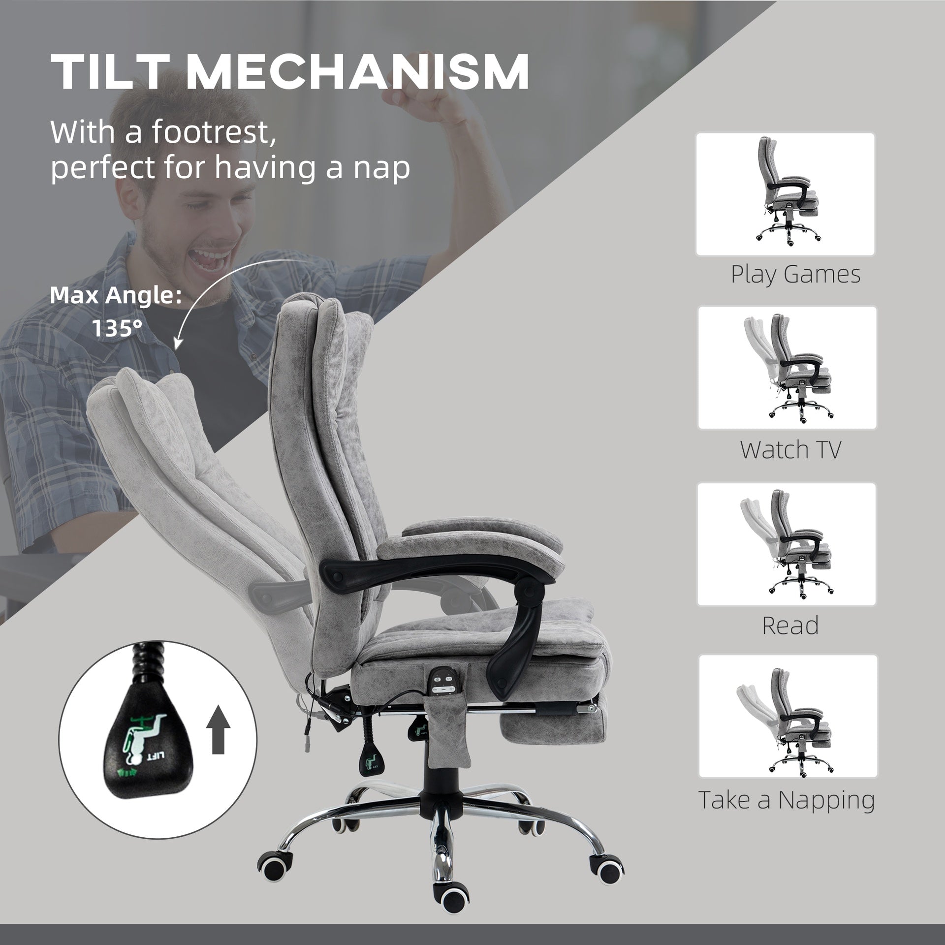 Vinsetto Massage Office Chair with 6 Points and Heat, Reclining Computer Chair with Adjustable Height and Footrest, Gray