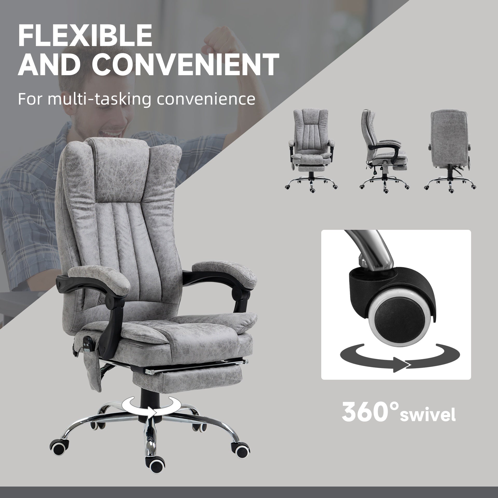 Vinsetto Massage Office Chair with 6 Points and Heat, Reclining Computer Chair with Adjustable Height and Footrest, Gray