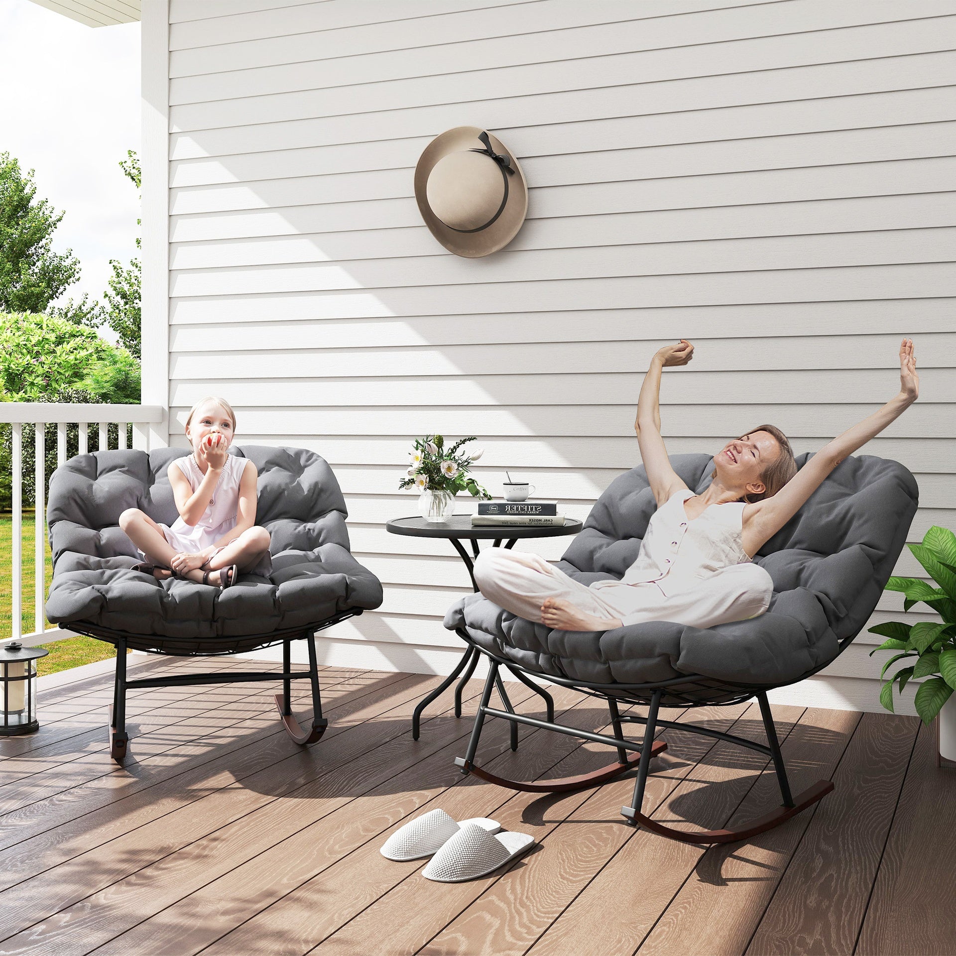 Outsunny Outdoor Rocking Chair Patio Set of 2, Oversized Rocking Papasan Chairs with Cushions for Garden Porch, 265 lbs., Gray