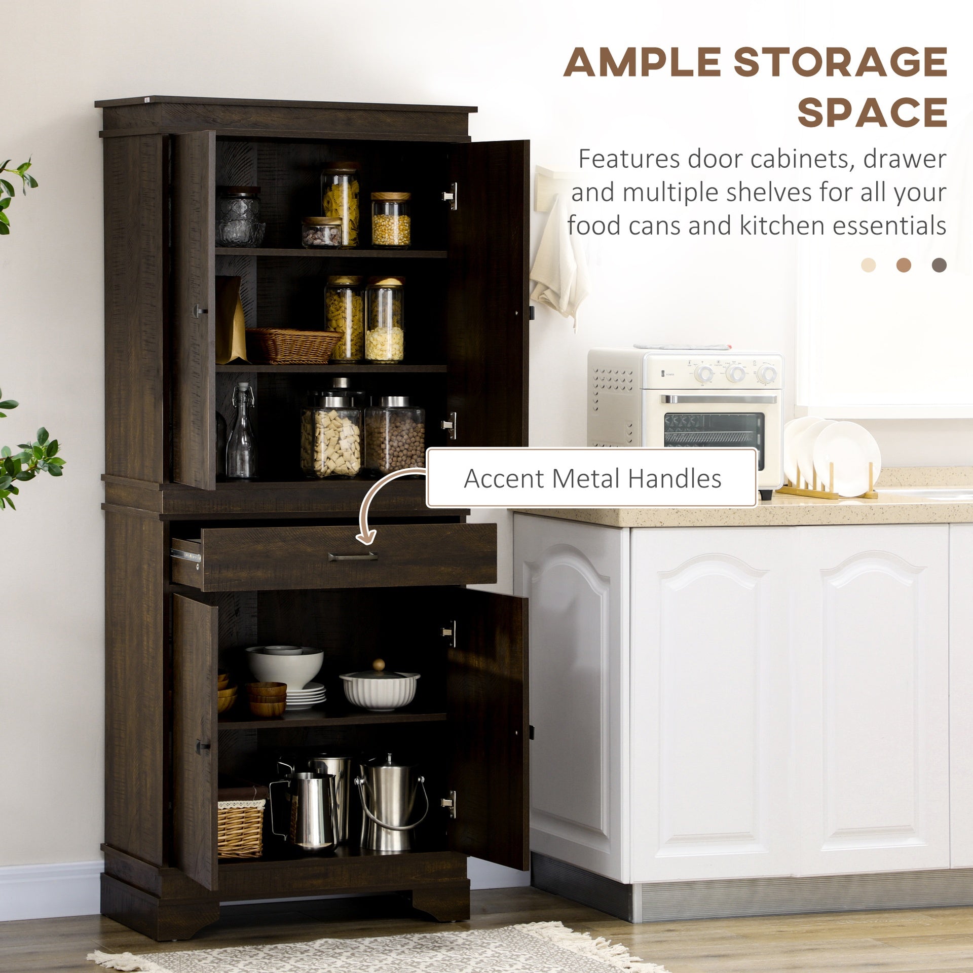 HOMCOM 72" 4-Door Kitchen Pantry with Drawer and 3 Shelves, Walnut