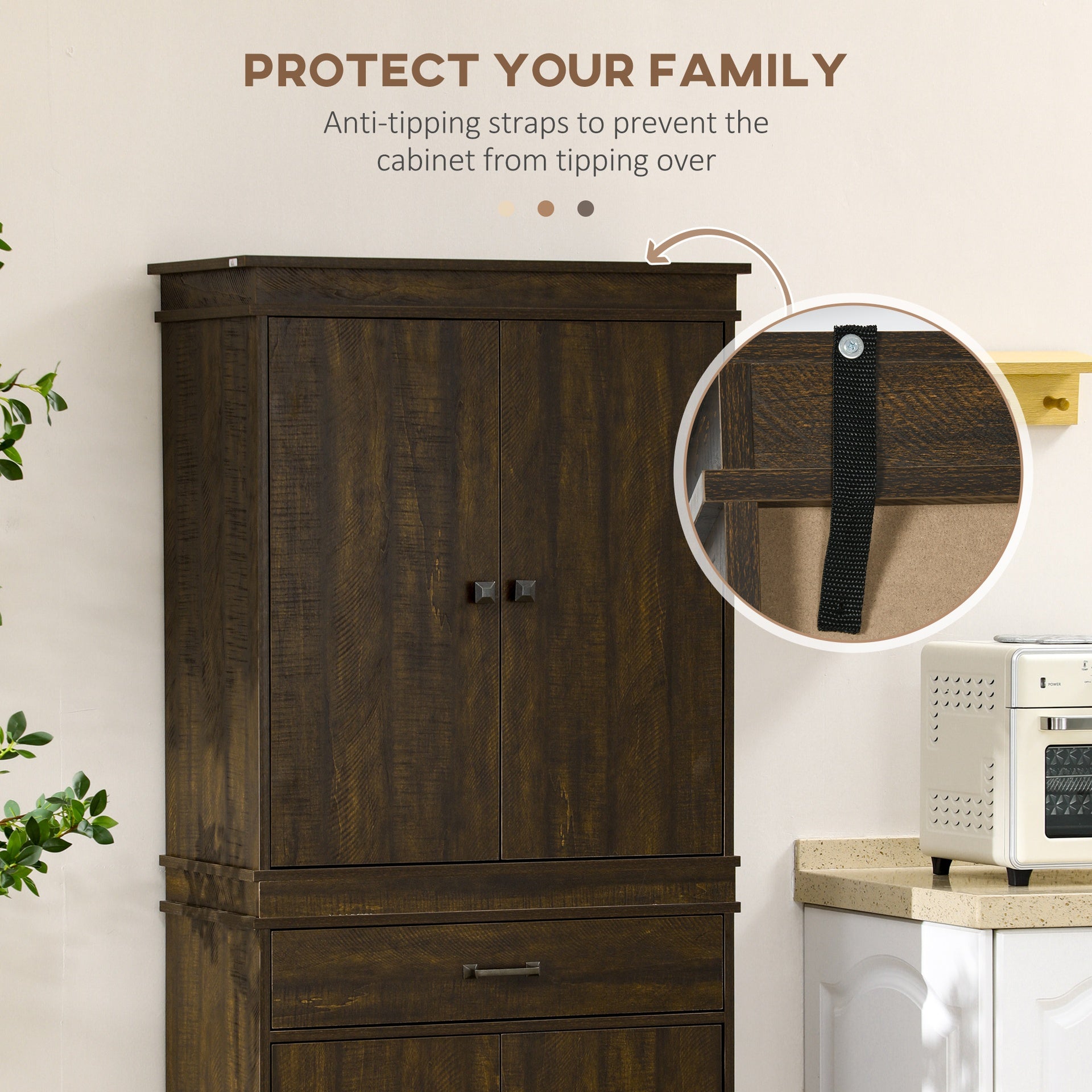 HOMCOM 72" 4-Door Kitchen Pantry with Drawer and 3 Shelves, Walnut