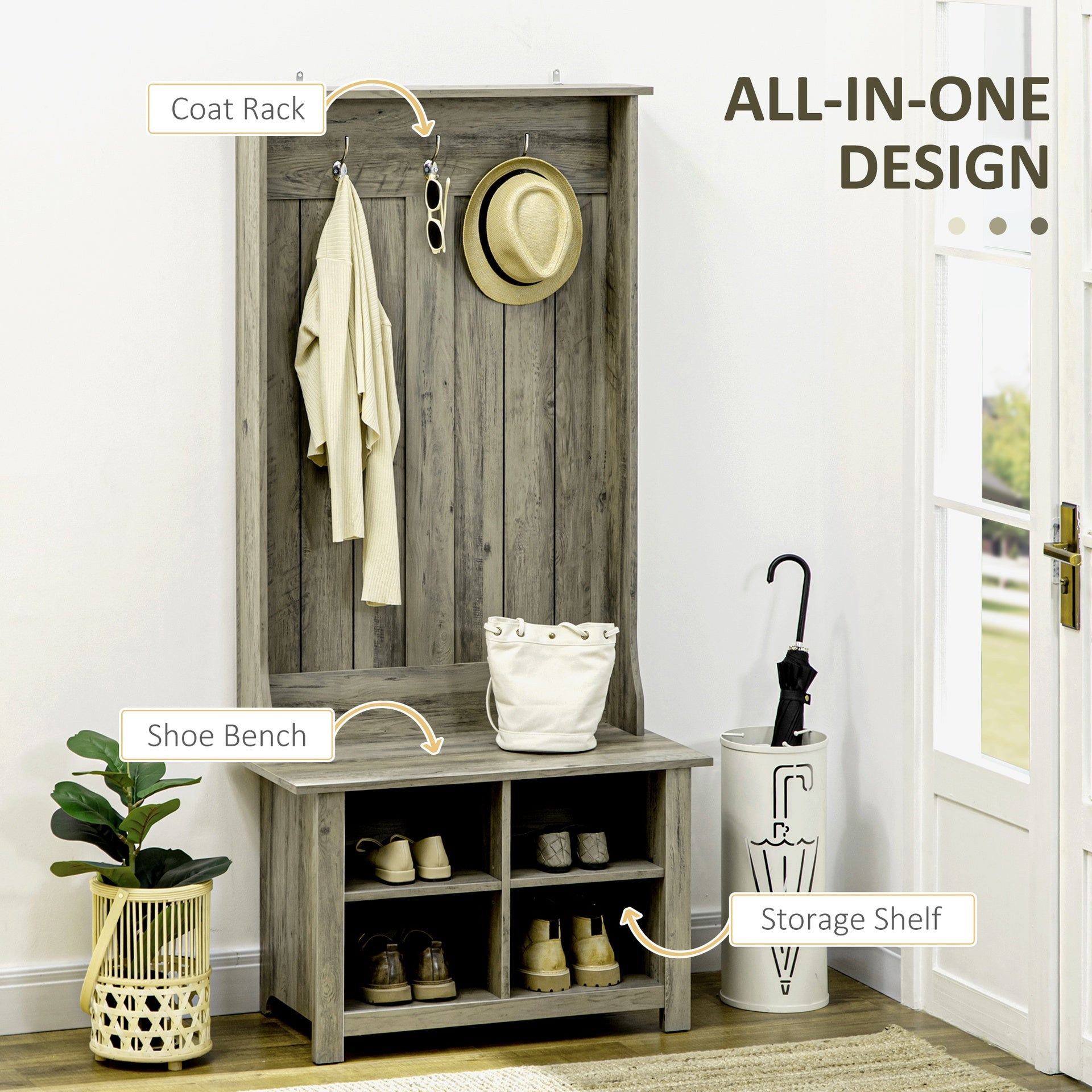 HOMCOM Hall Tree with Shoe Storage Bench Entryway Bench for Living Room, Grey