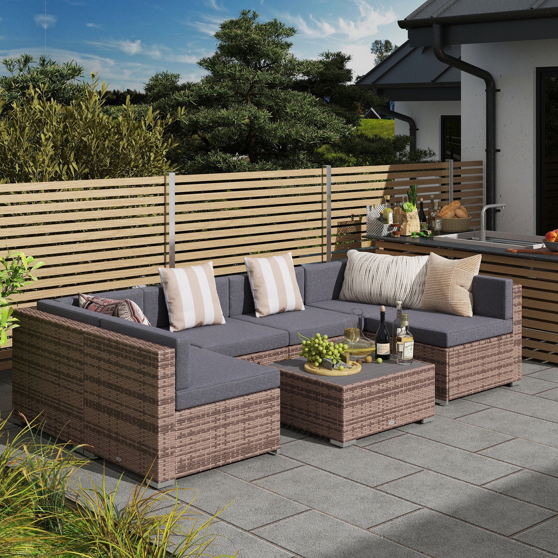 Outsunny Modern Rattan Patio Furniture Set, 7-Piece Outdoor Wicker Sofa Set with Cushions for Home & Family Gatherings, Gray