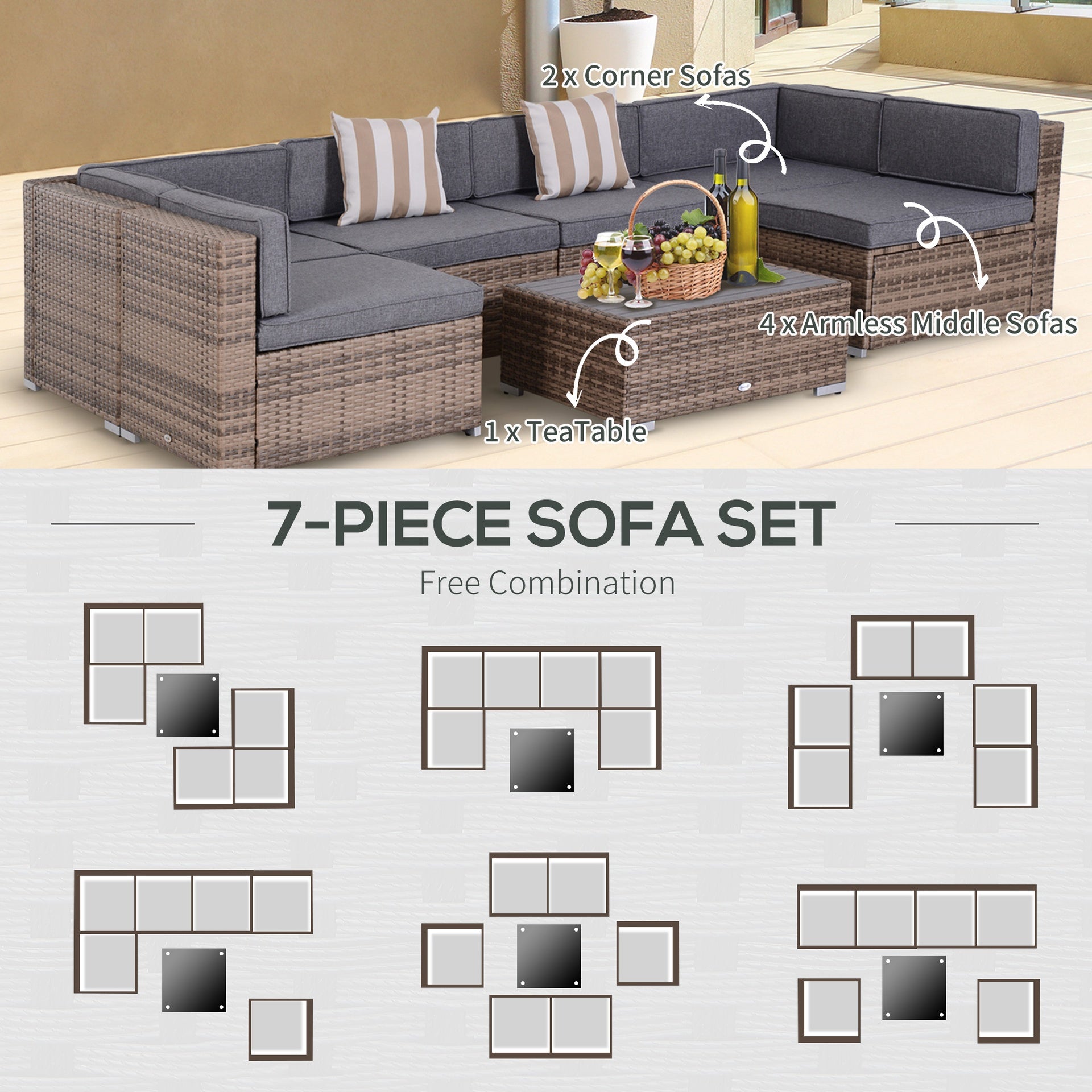 Outsunny Modern Rattan Patio Furniture Set, 7-Piece Outdoor Wicker Sofa Set with Cushions for Home & Family Gatherings, Gray