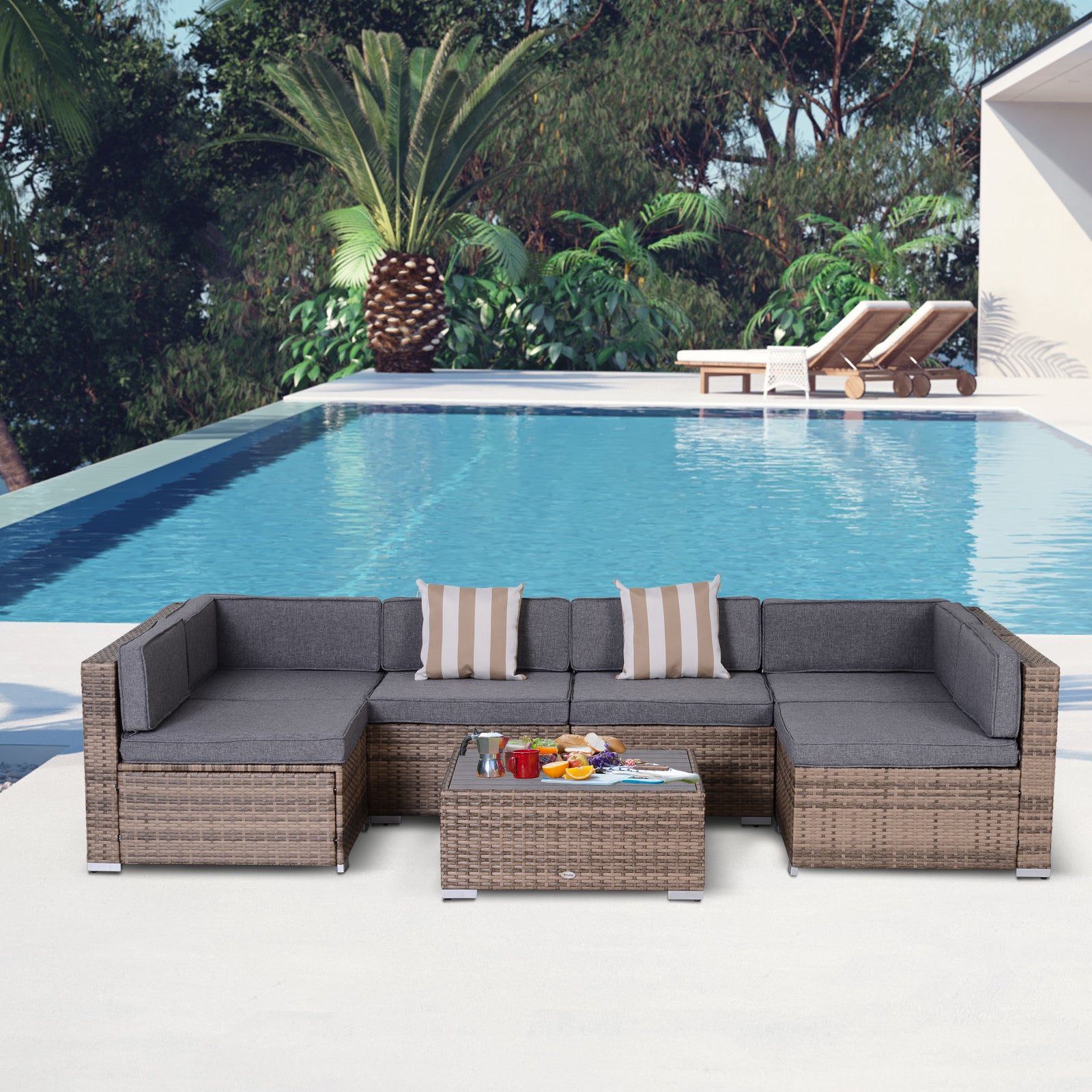 Outsunny Modern Rattan Patio Furniture Set, 7-Piece Outdoor Wicker Sofa Set with Cushions for Home & Family Gatherings, Gray