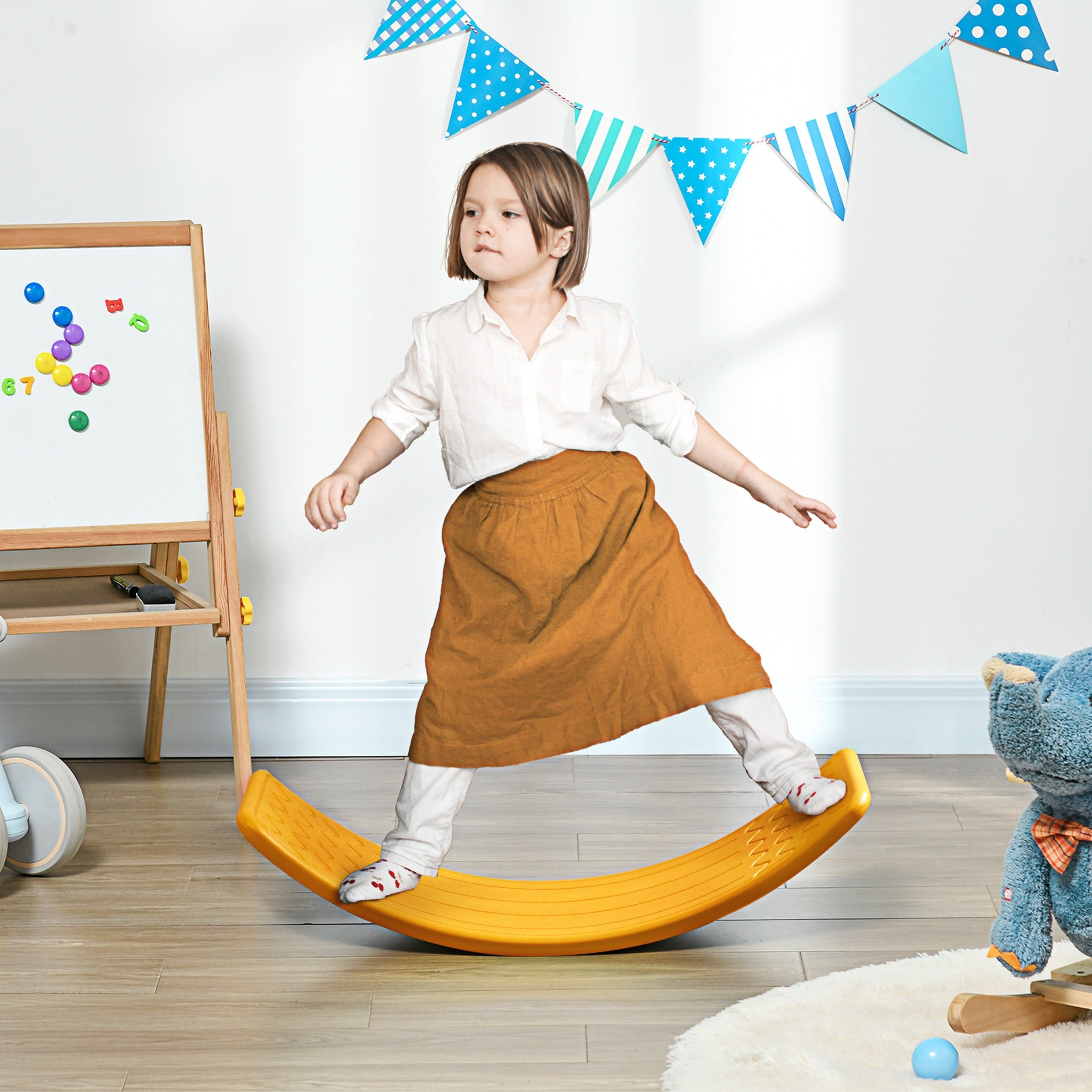 Qaba 32.3" Balance Board, Wobble Board for Kids & Toddlers, Montessori Waldorf Toy for Ages 3-6 Years Old, Orange