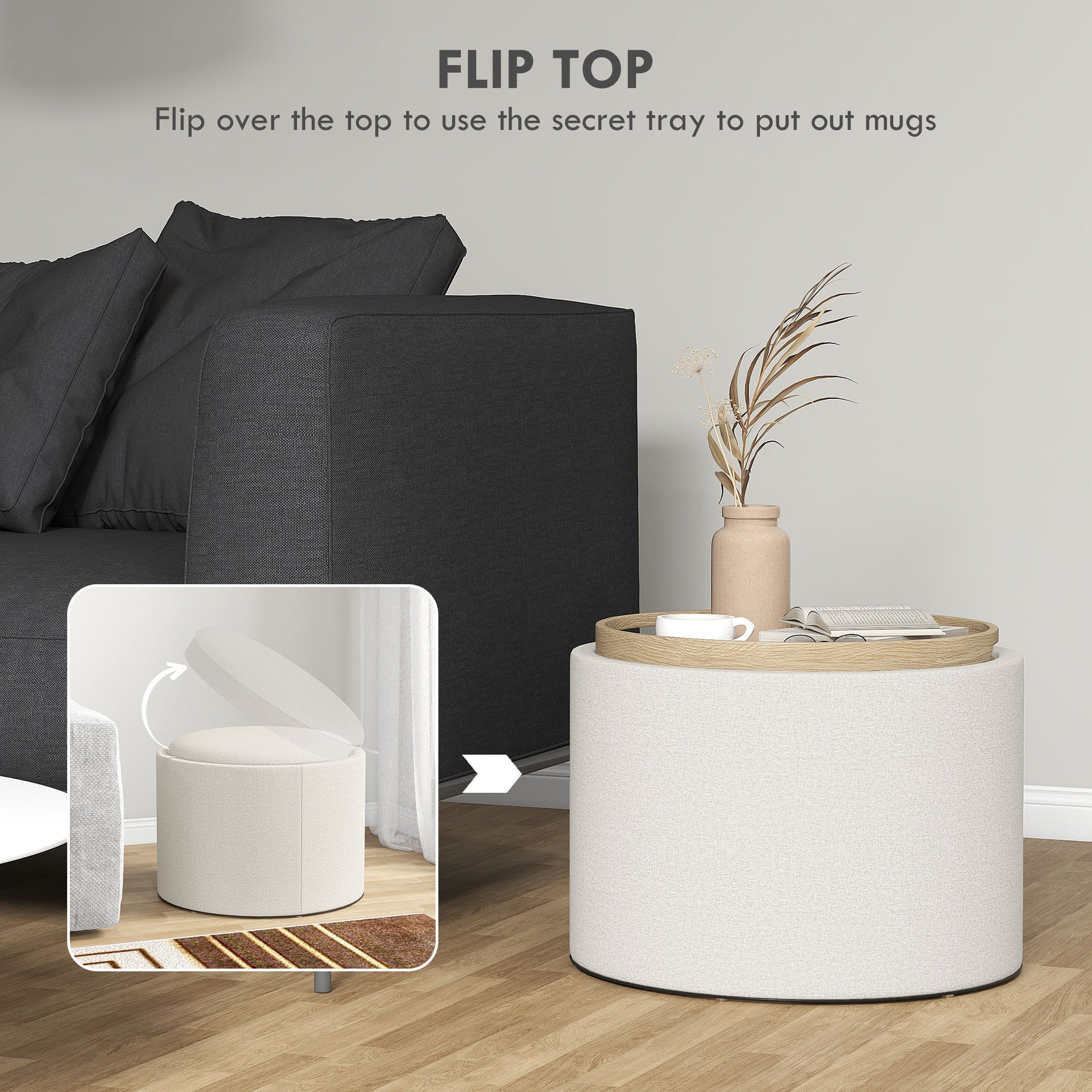 HOMCOM Round Storage Ottoman Coffee Table with Flip Top Tray, Linen Fabric Upholstered Footstool with Hidden Compartment
