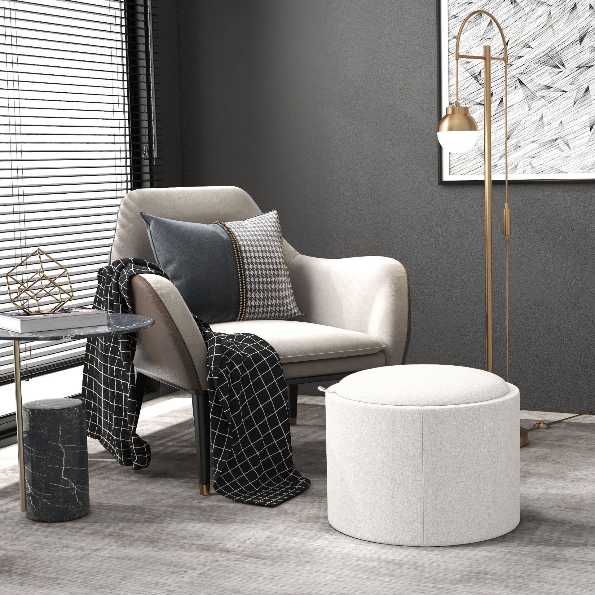 HOMCOM Round Storage Ottoman Coffee Table with Flip Top Tray, Linen Fabric Upholstered Footstool with Hidden Compartment