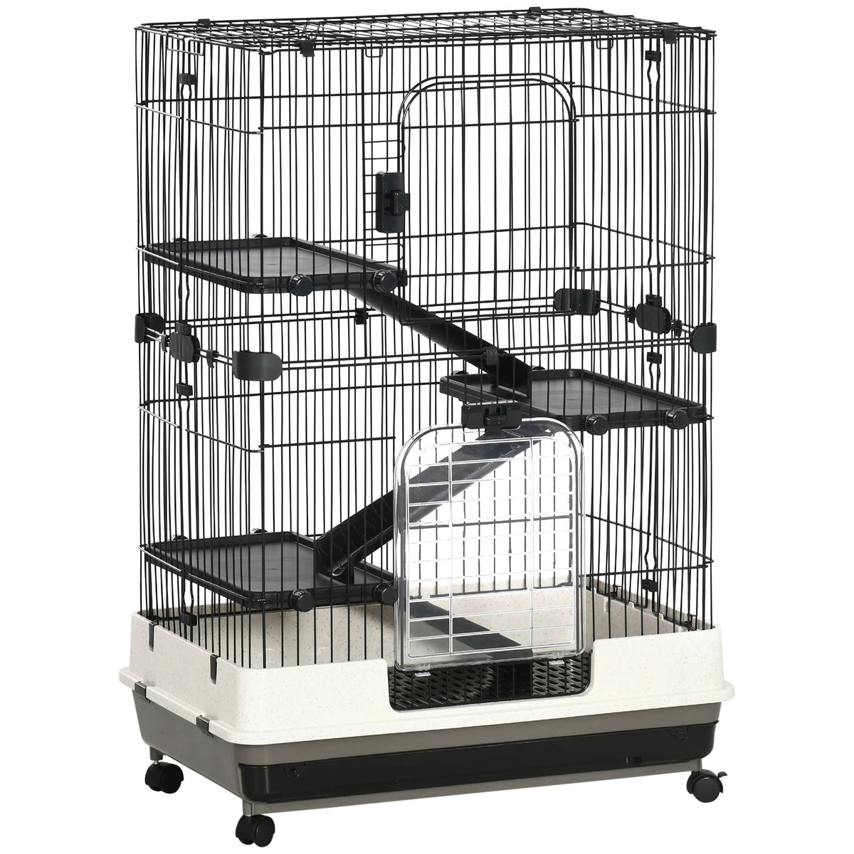 PawHut 32"L 4-Level Small Animal Cage Rabbit Hutch with Universal Lockable Wheels, Slide-out Tray for Bunny, Chinchillas, Ferret, Black