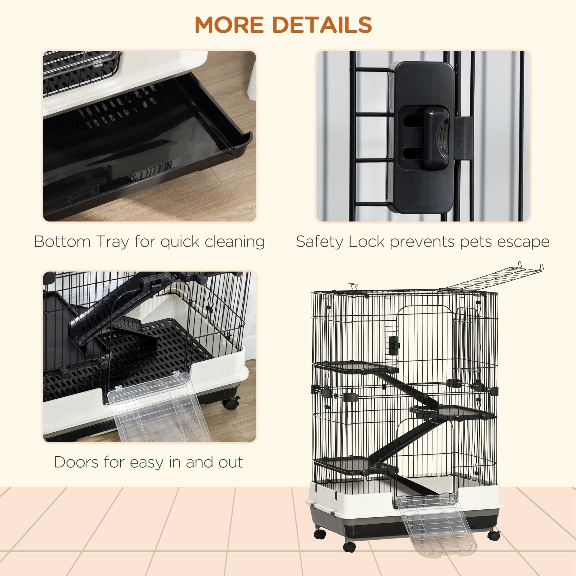 PawHut 32"L 4-Level Small Animal Cage Rabbit Hutch with Universal Lockable Wheels, Slide-out Tray for Bunny, Chinchillas, Ferret, Black