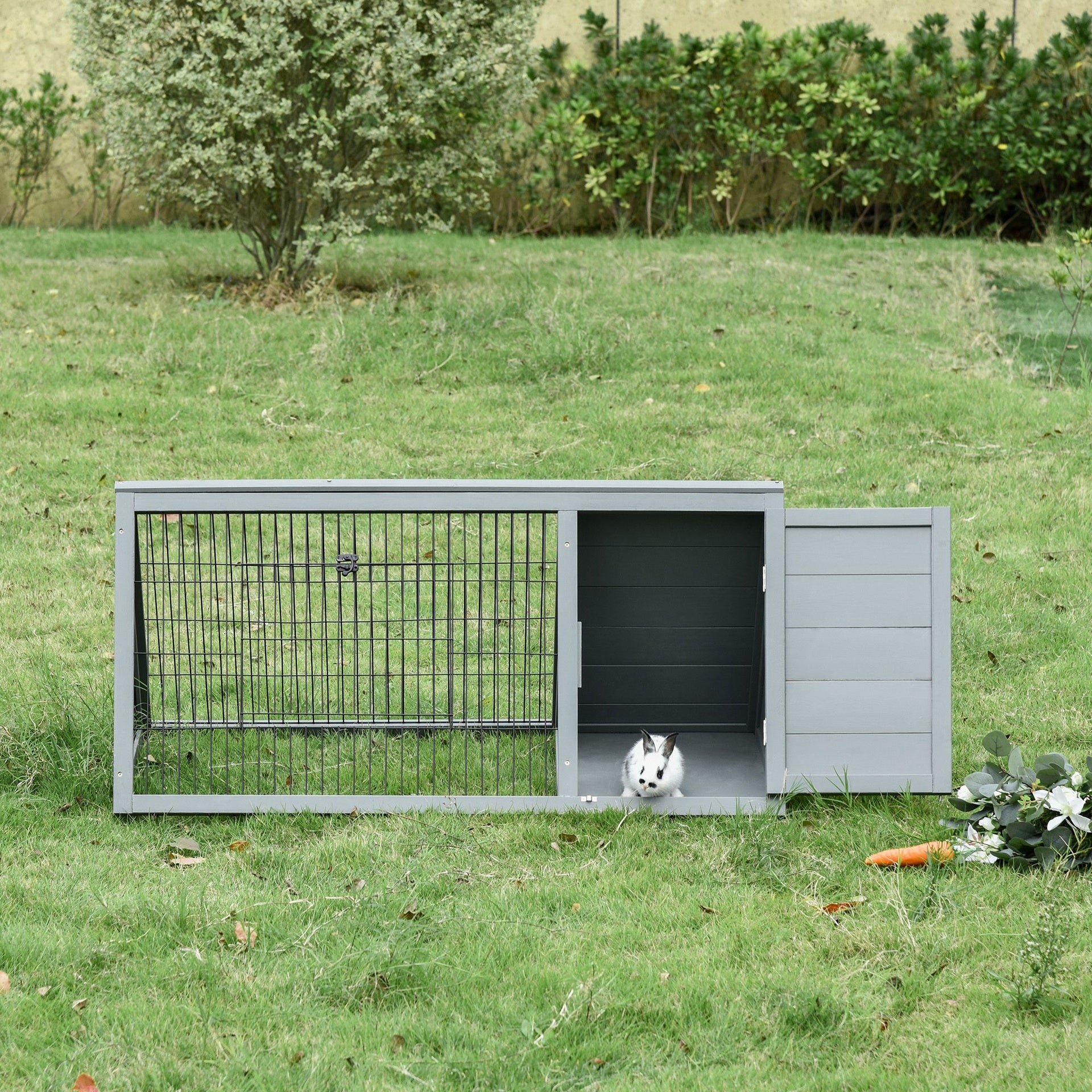 PawHut Rabbit Hutch Outdoor, Wooden Chicken Coop with Run, Outdoor Small Animal Cage for Rabbit, Small Duck and Chicken, for Garden, Backyard, Farms, 46" x 24.5" x 21", Light Gray
