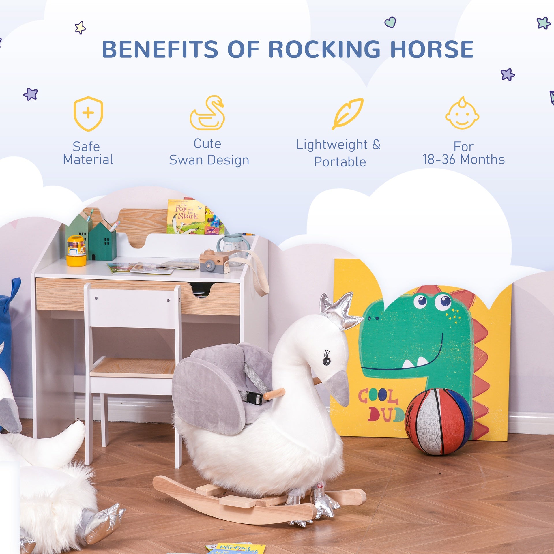 Qaba Kids Ride on Horse Swan Rocker with Sound, Plush Seat, Wooden Base, Safety Belt for Toddlers 18-36 Months, White