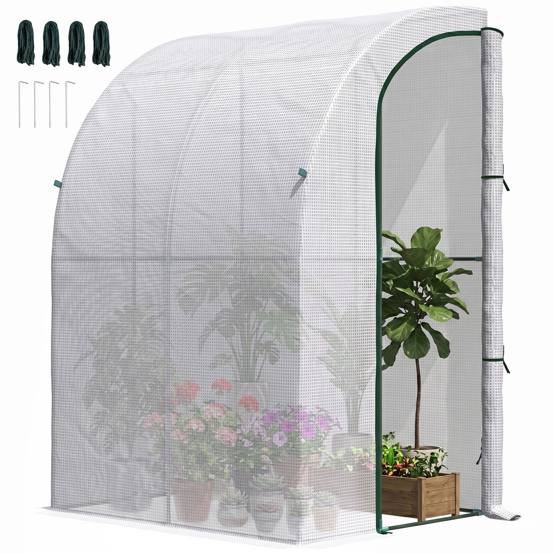Outsunny 5' x 4' x 7' Outdoor Lean to Greenhouse, Walk-In Green House Plant Nursery with Roll-up Window, PE Cover, White