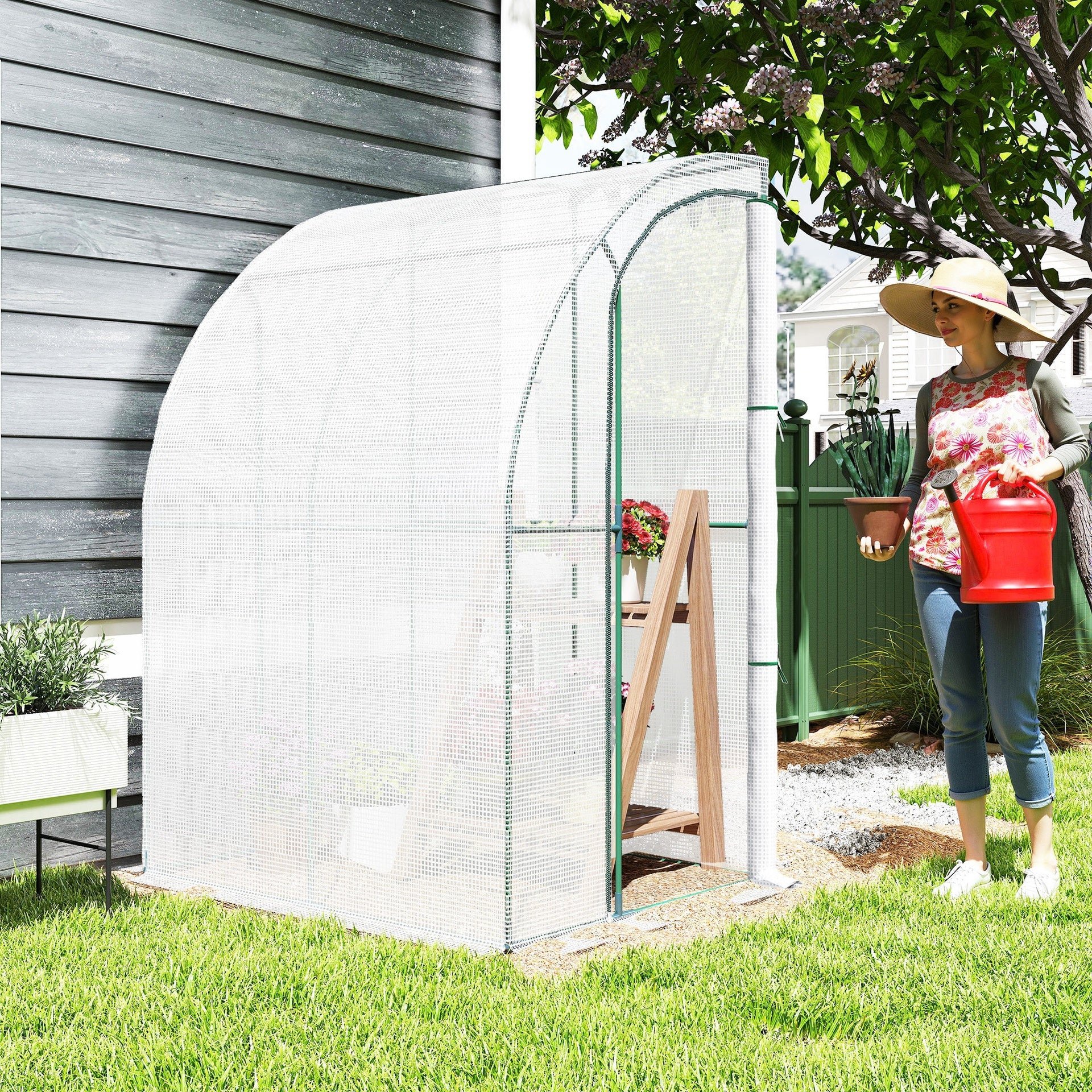 Outsunny 5' x 4' x 7' Outdoor Lean to Greenhouse, Walk-In Green House Plant Nursery with Roll-up Window, PE Cover, White