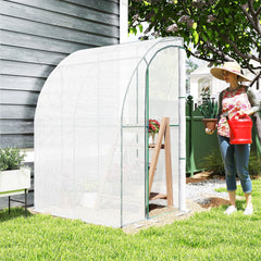 Outsunny 5' x 4' x 7' Outdoor Lean to Greenhouse, Walk-In Green House Plant Nursery with Roll-up Window, PE Cover, White