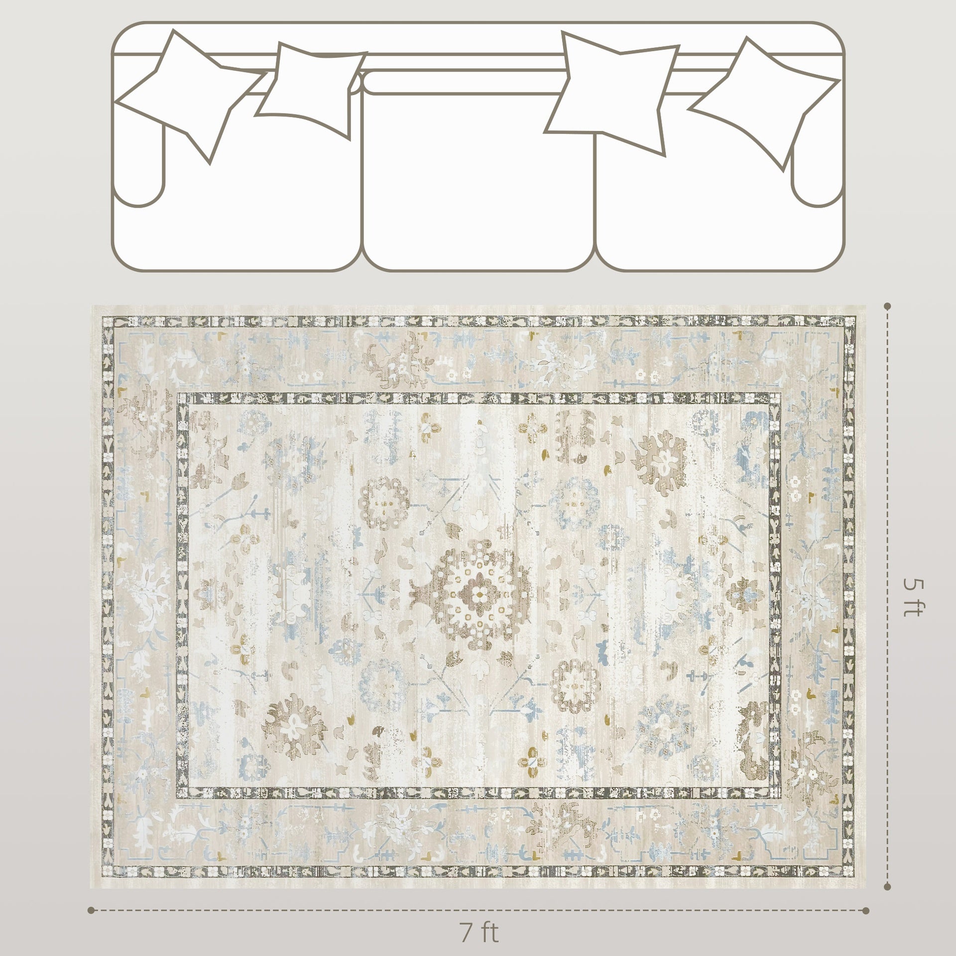 HOMCOM 5x7 Area Rug, Indoor Boho Machine Washable Carpet for Living Room, Bedroom, Dining Room, Kitchen, Blue