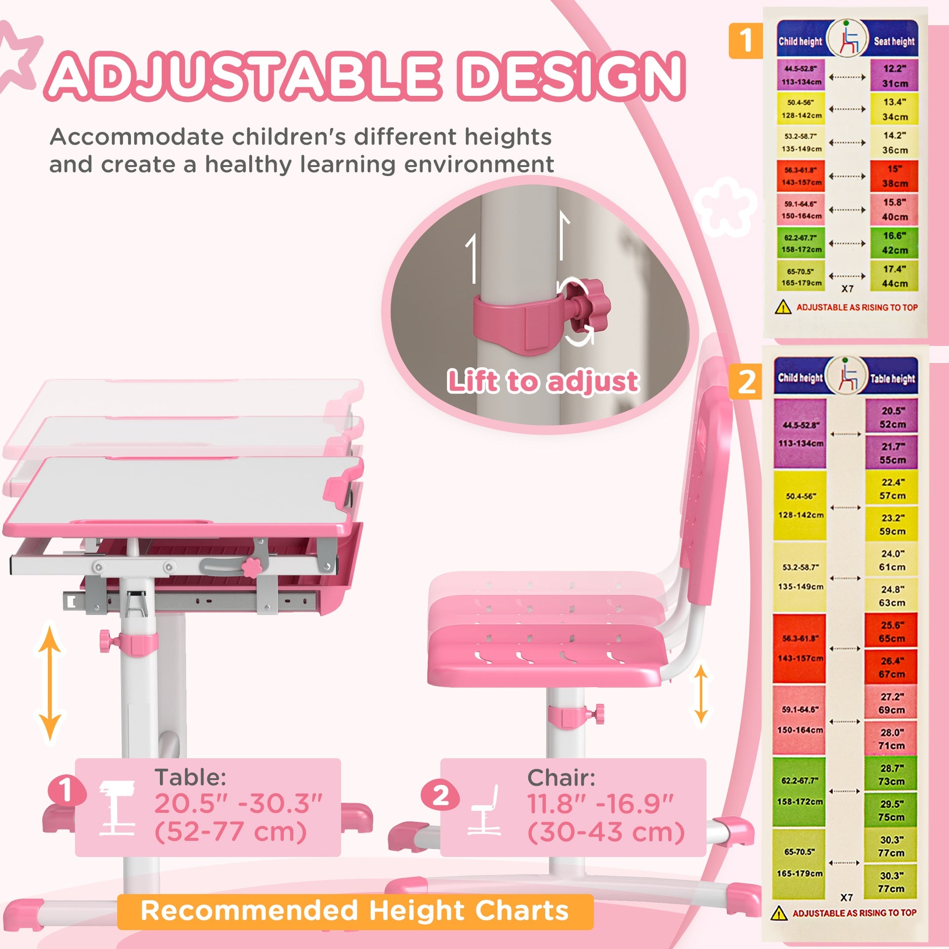 Qaba Height Adjustable Kids Desk and Chairs Set with Tilt Desktop, Storage Drawer, Pen Slot, Hook, Pink
