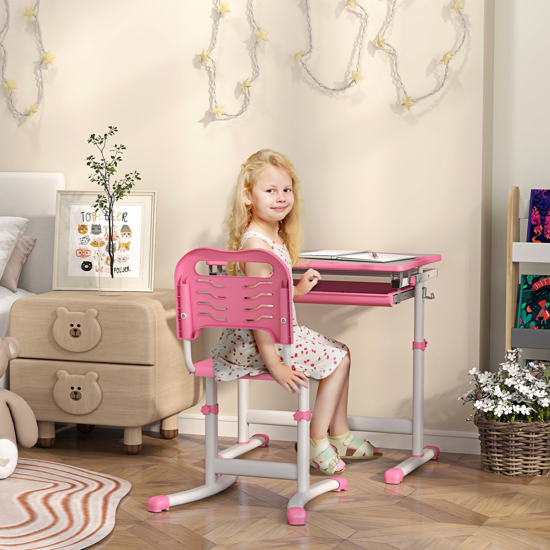 Qaba Height Adjustable Kids Desk and Chairs Set with Tilt Desktop, Storage Drawer, Pen Slot, Hook, Pink