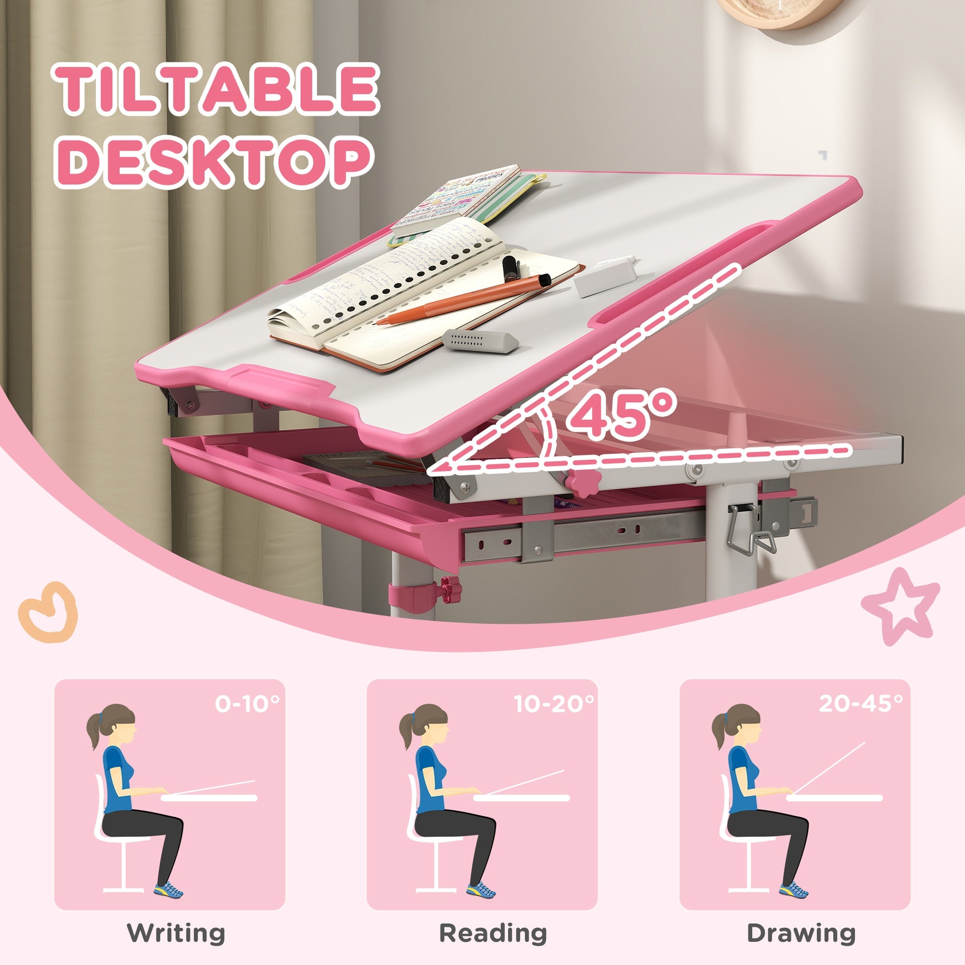 Qaba Height Adjustable Kids Desk and Chairs Set with Tilt Desktop, Storage Drawer, Pen Slot, Hook, Pink