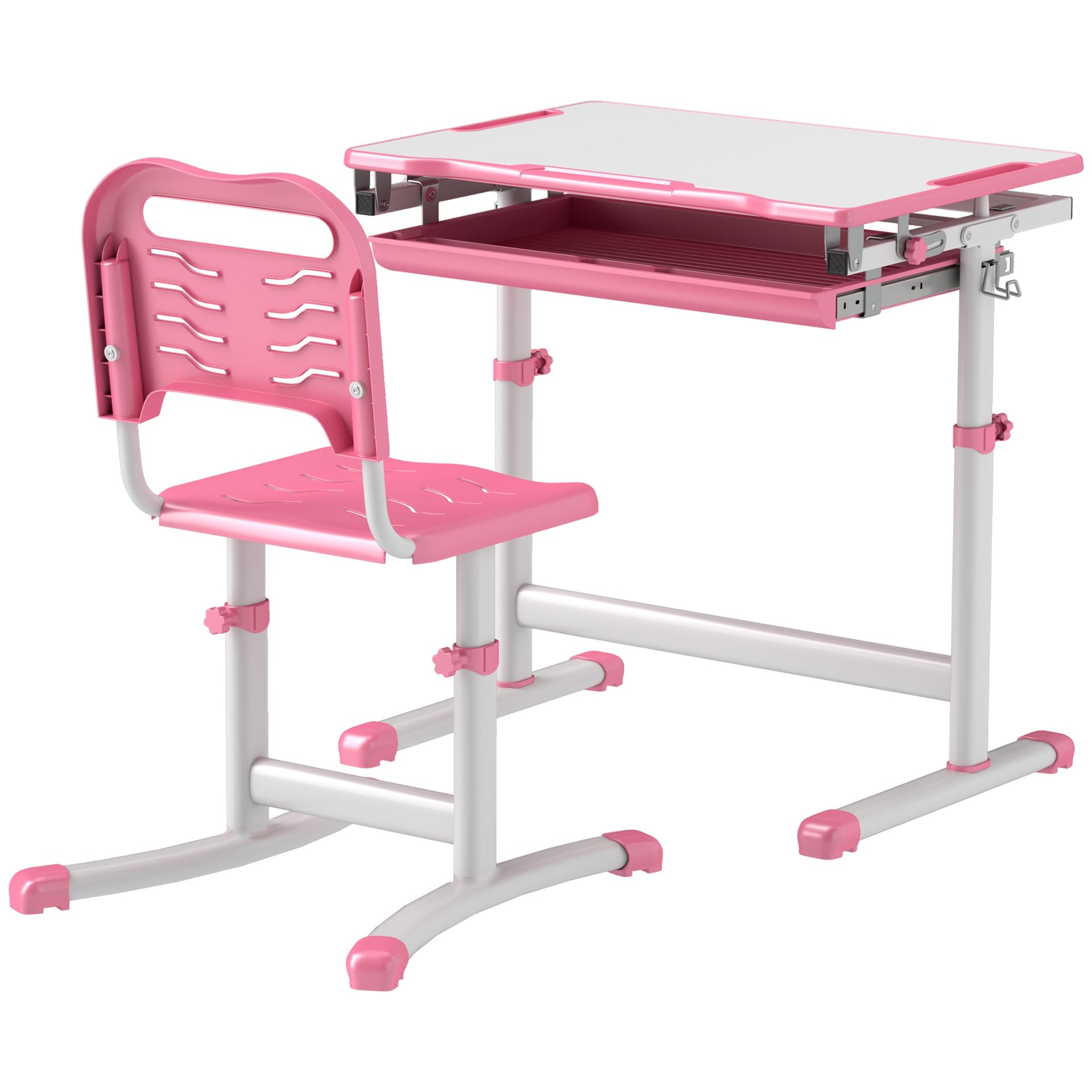 Qaba Height Adjustable Kids Desk and Chairs Set with Tilt Desktop, Storage Drawer, Pen Slot, Hook, Pink