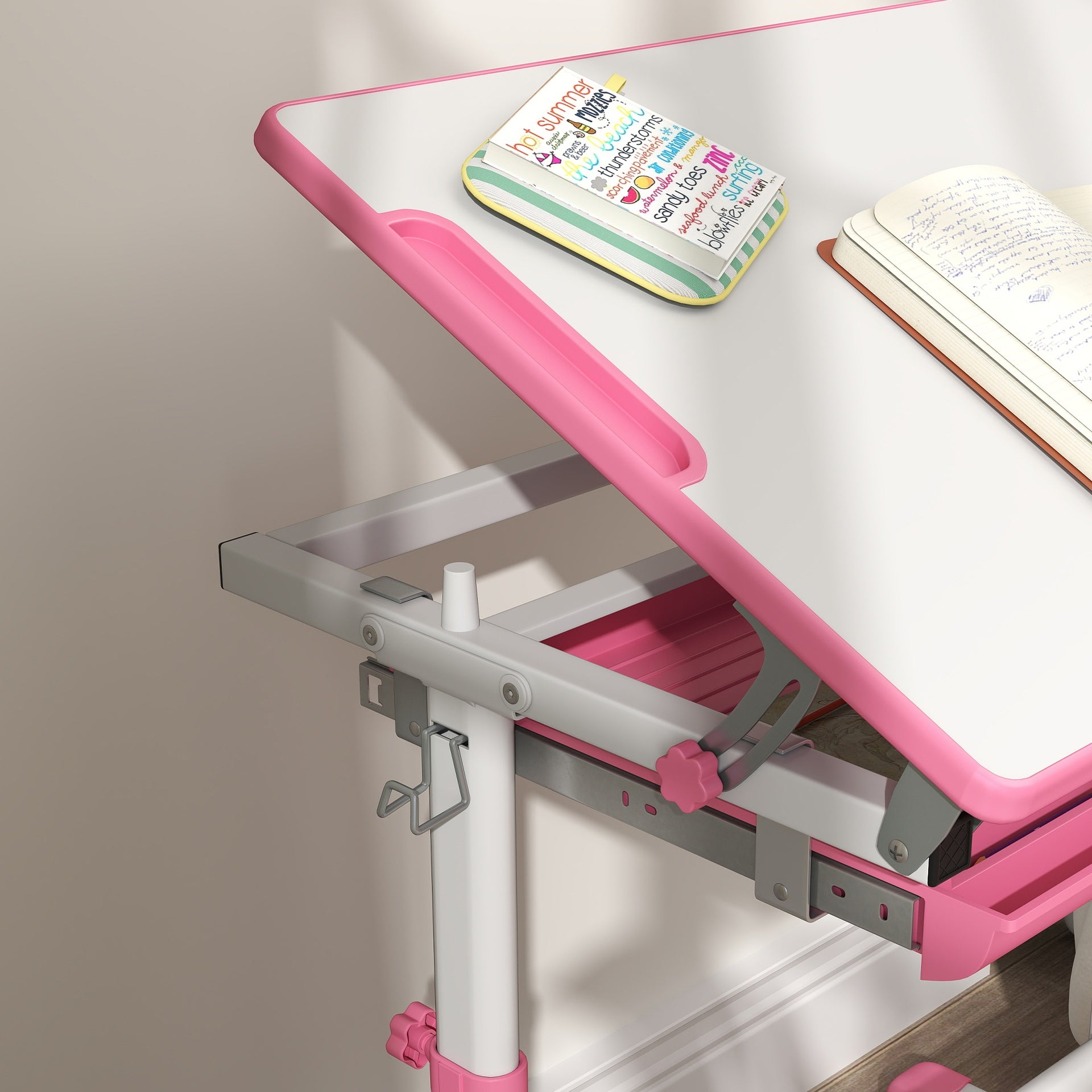 Qaba Height Adjustable Kids Desk and Chairs Set with Tilt Desktop, Storage Drawer, Pen Slot, Hook, Pink