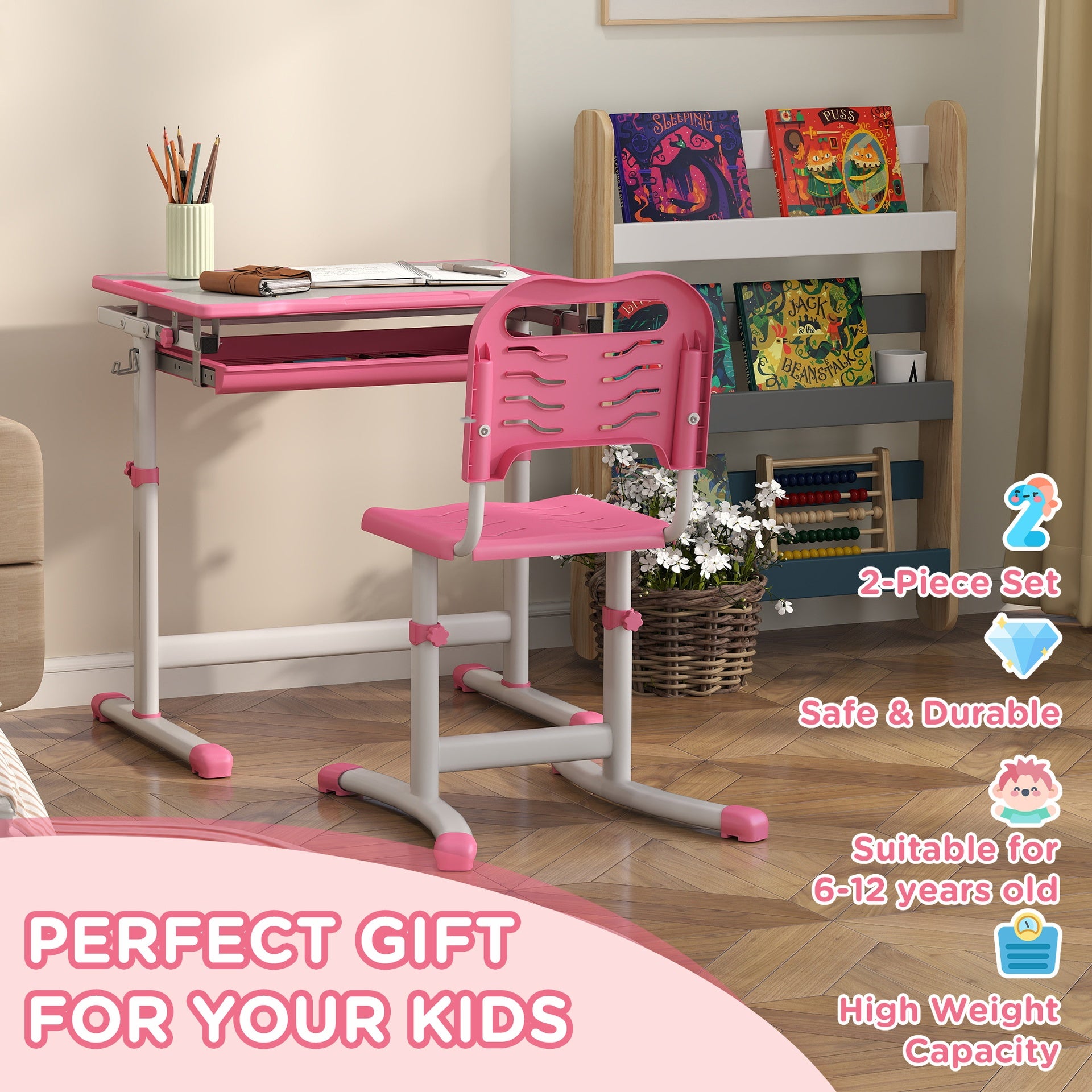 Qaba Height Adjustable Kids Desk and Chairs Set with Tilt Desktop, Storage Drawer, Pen Slot, Hook, Pink
