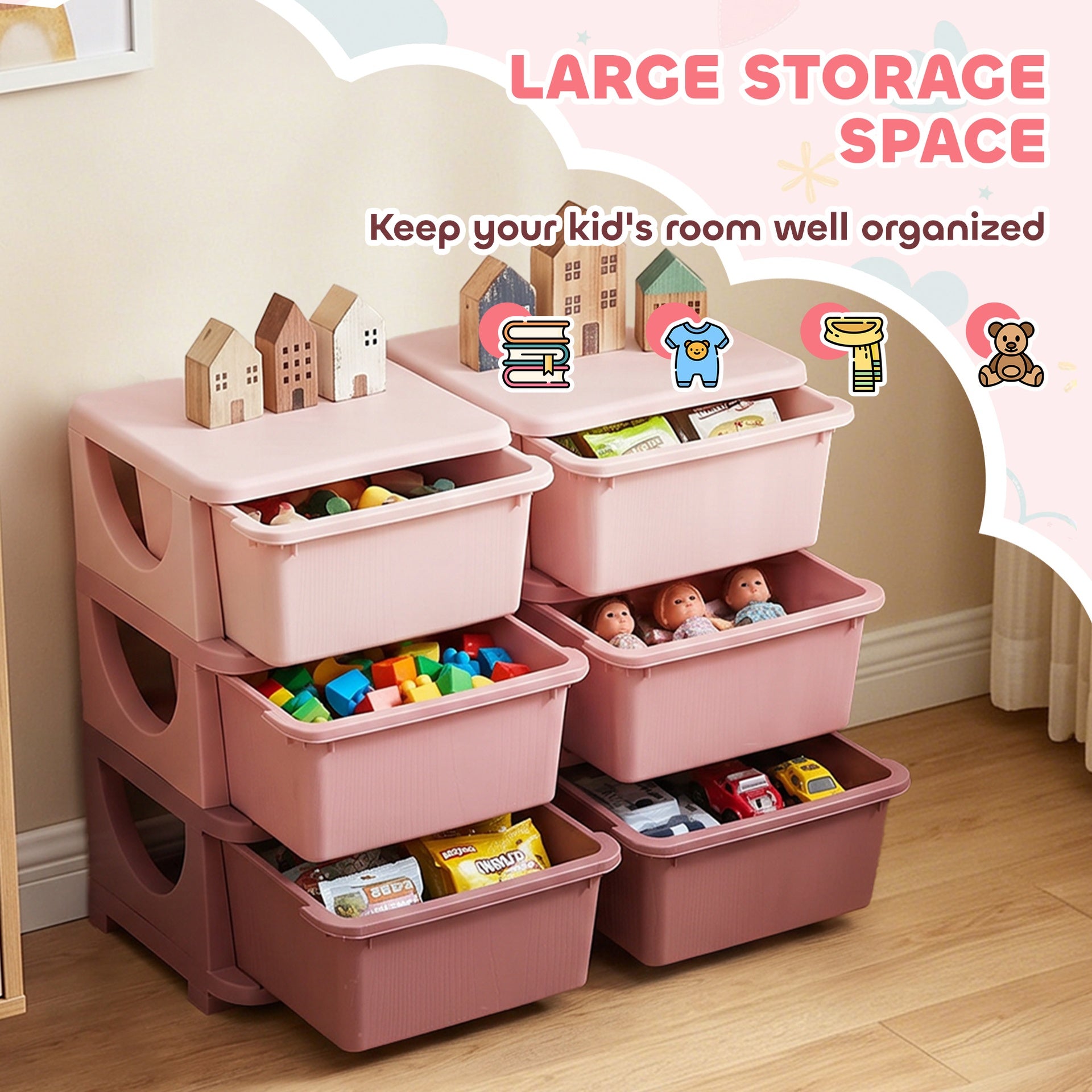 Qaba 3 Tier Kids Storage Unit, Toy Organizers and Storage with 6 Drawer Chest for Kids Bedroom Nursery Kindergarten Living Room for Boys Girls Toddlers, Pink