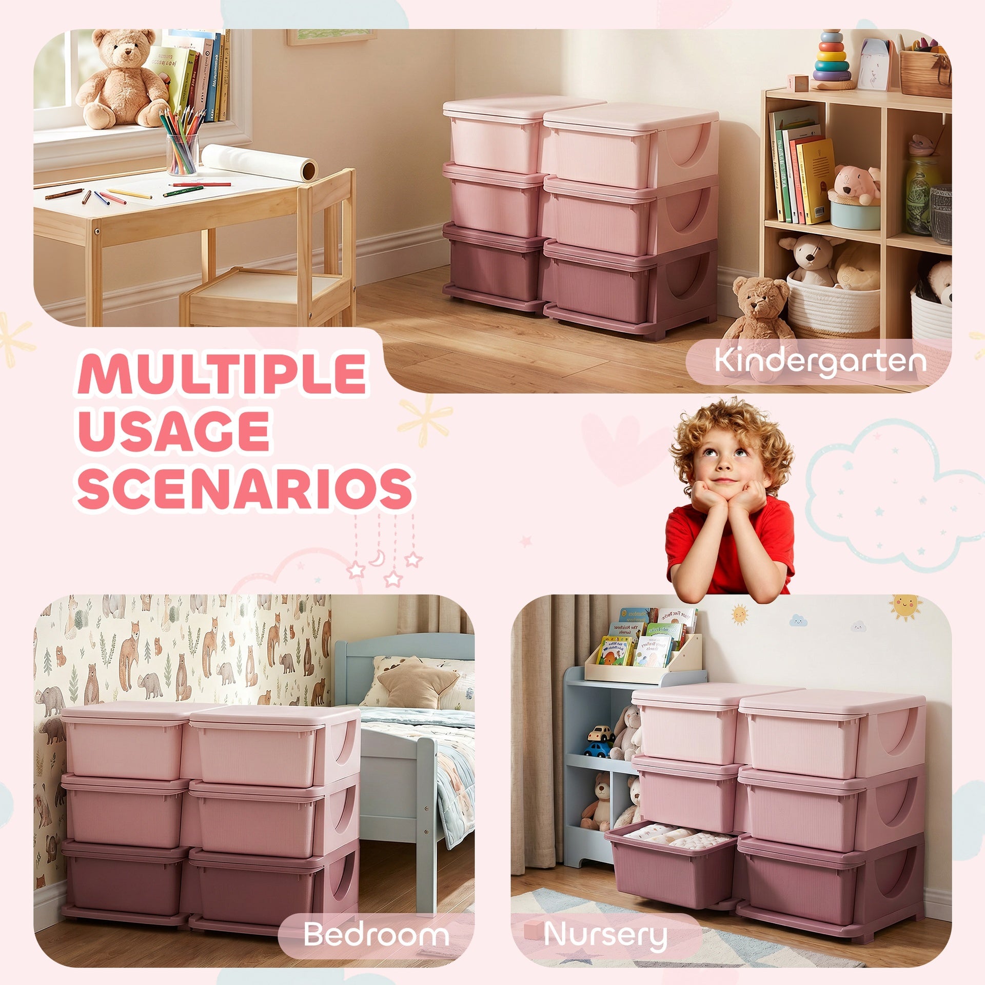Qaba 3 Tier Kids Storage Unit, Toy Organizers and Storage with 6 Drawer Chest for Kids Bedroom Nursery Kindergarten Living Room for Boys Girls Toddlers, Pink
