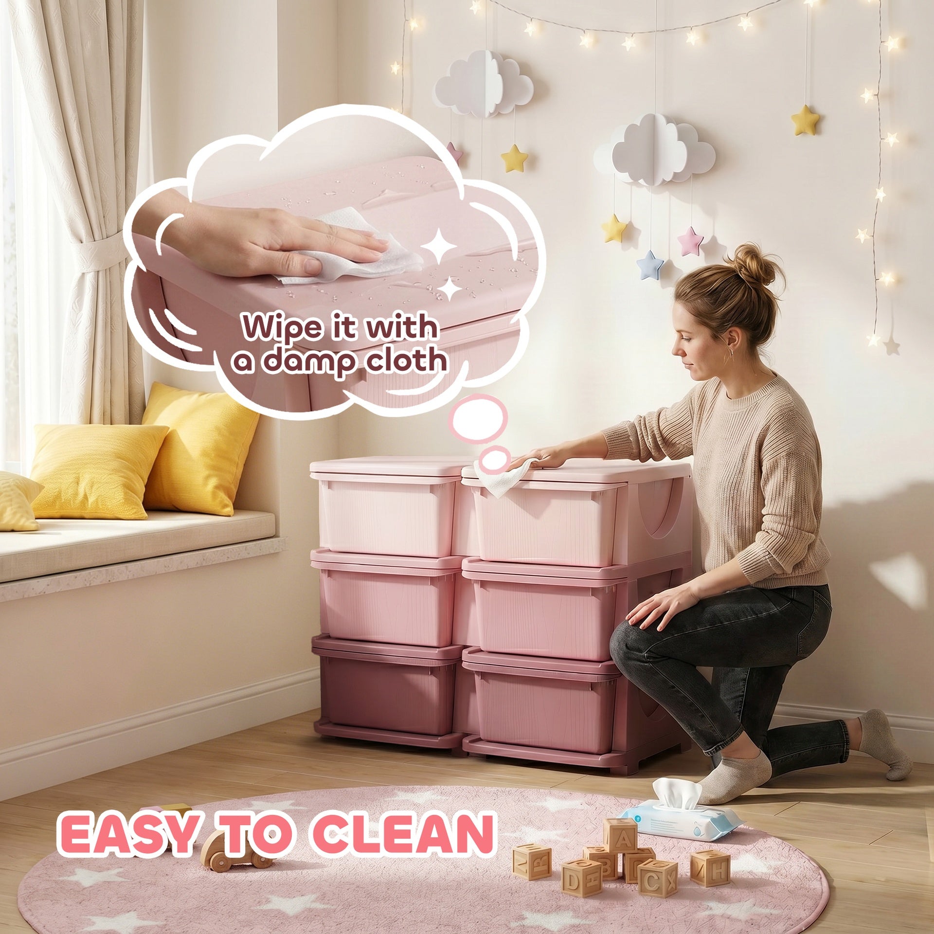 Qaba 3 Tier Kids Storage Unit, Toy Organizers and Storage with 6 Drawer Chest for Kids Bedroom Nursery Kindergarten Living Room for Boys Girls Toddlers, Pink