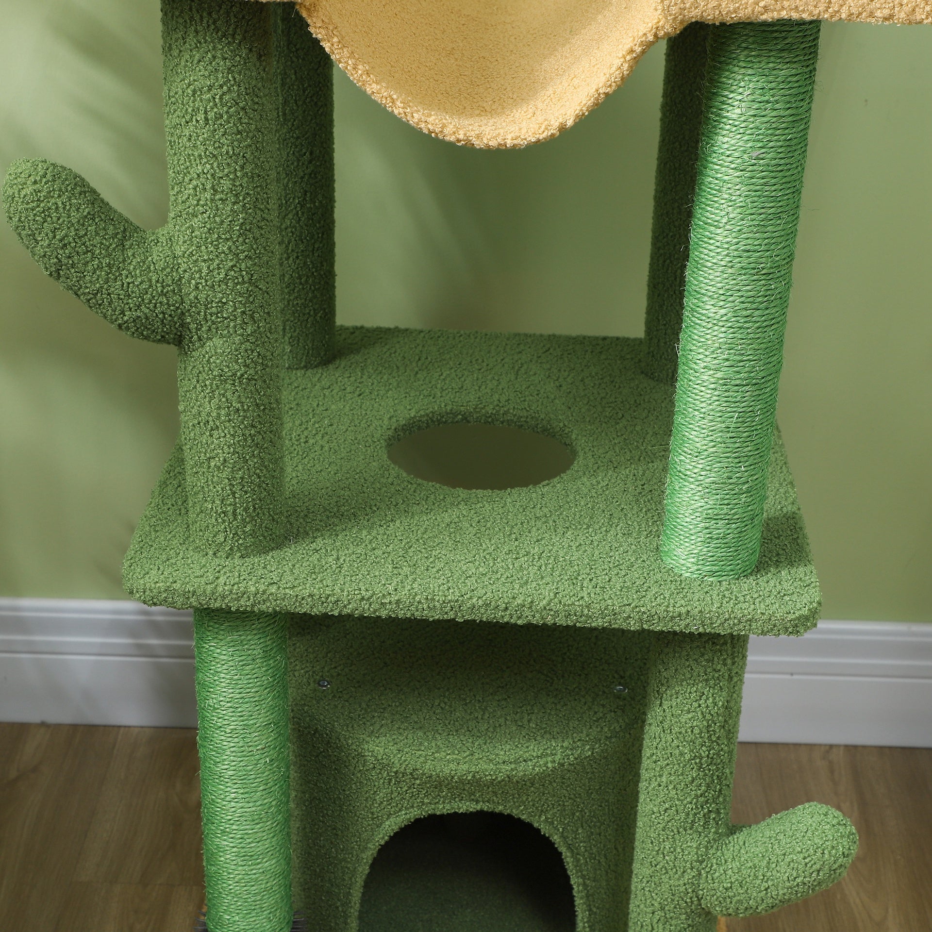 PawHut 89"-100" Floor to Ceiling Cat Tree, Cat Climbing Tower with Grooming Brush Post, Cat Condo, Hammock, Green