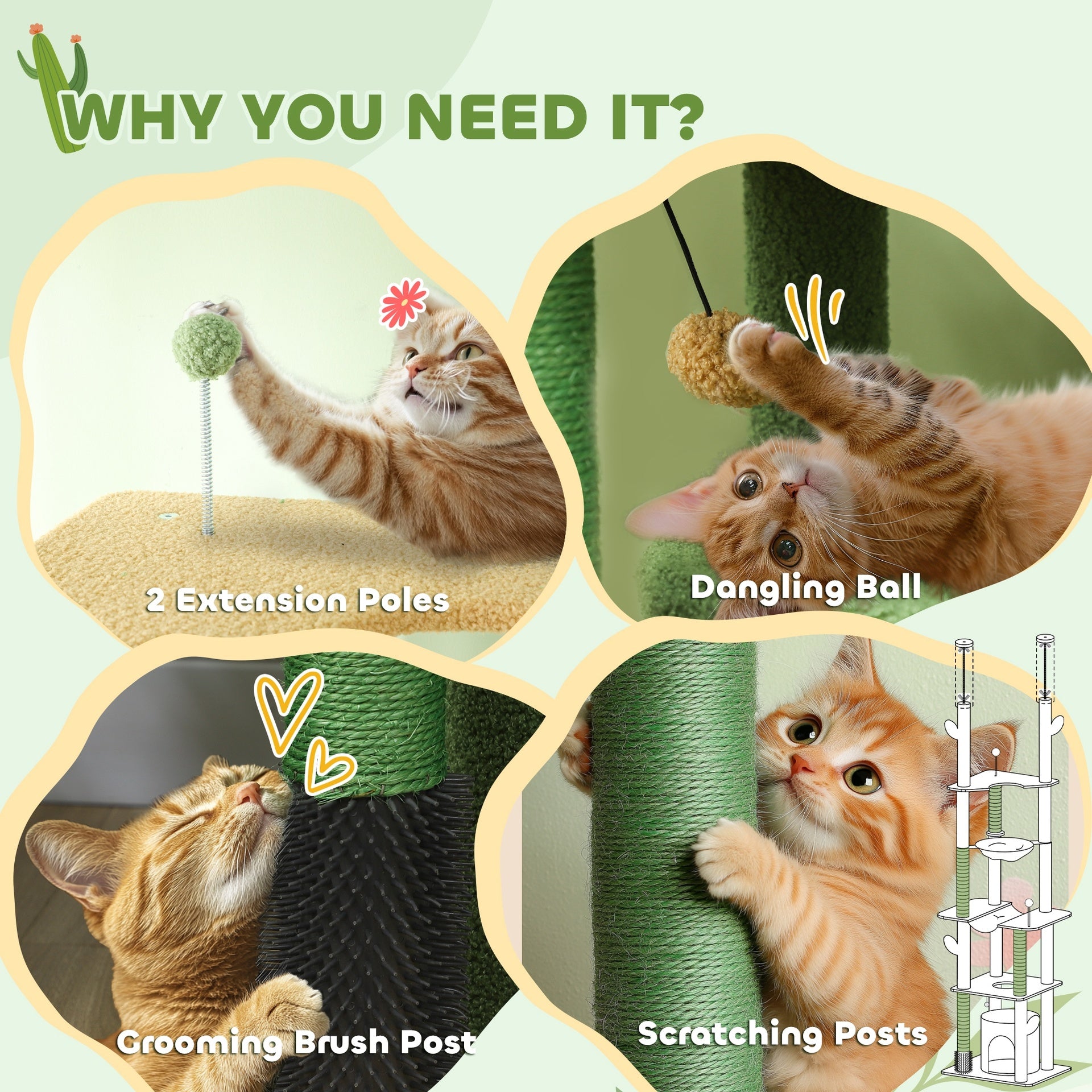 PawHut 89"-100" Floor to Ceiling Cat Tree, Cat Climbing Tower with Grooming Brush Post, Cat Condo, Hammock, Green