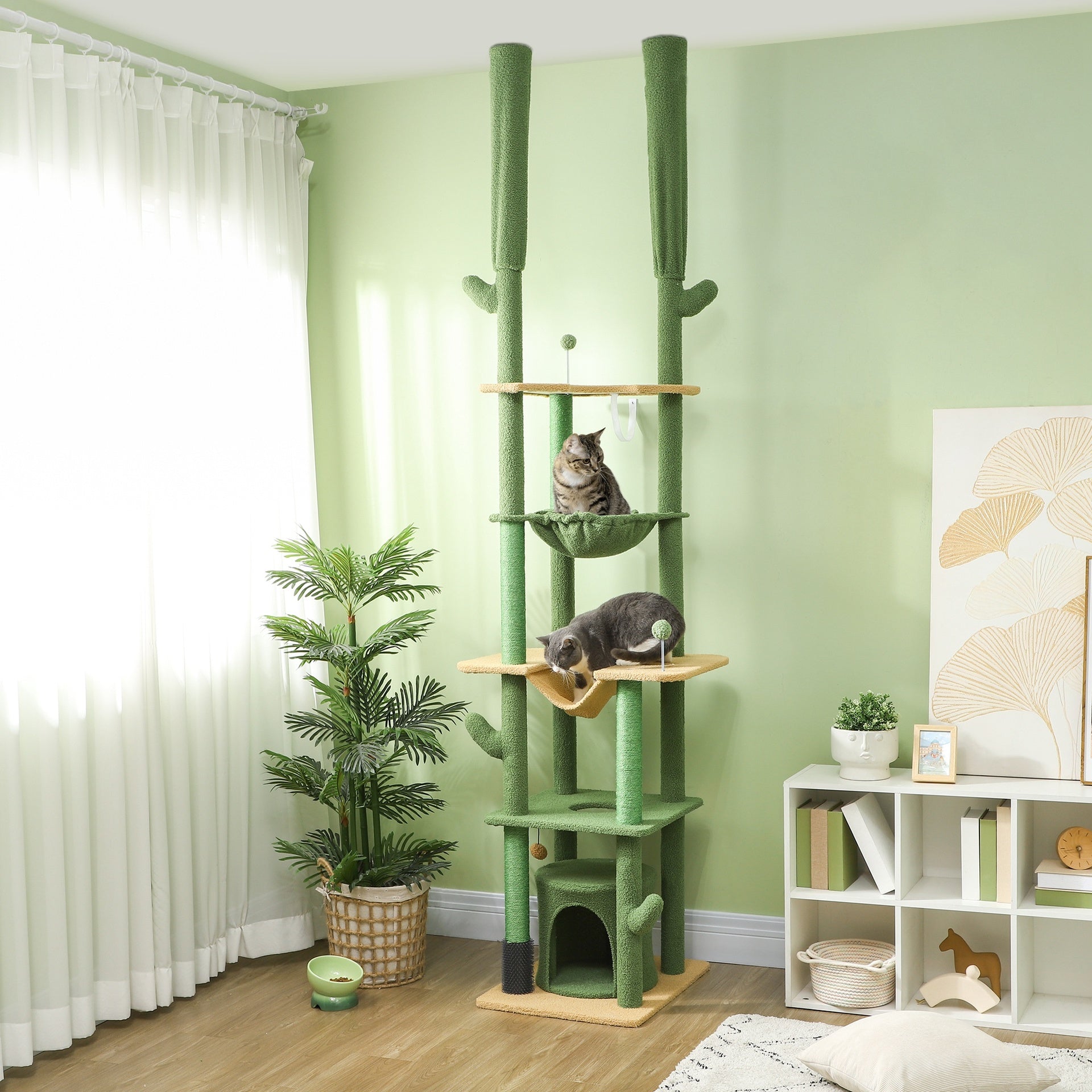 PawHut 89"-100" Floor to Ceiling Cat Tree, Cat Climbing Tower with Grooming Brush Post, Cat Condo, Hammock, Green
