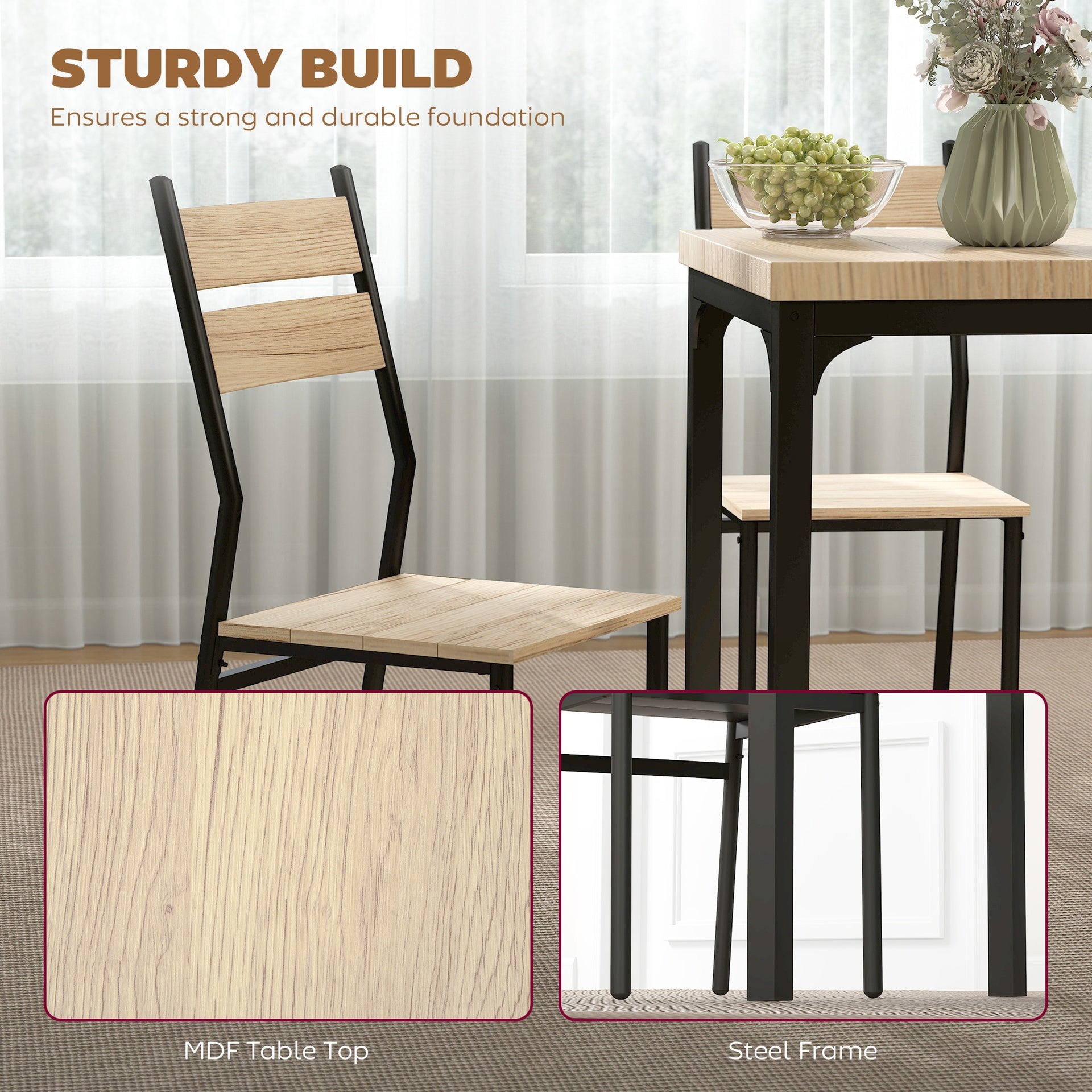 HOMCOM 3 Piece Dining Table Set for 2, Modern Kitchen Table and Chairs, Dining Room Set for Breakfast Nook, Light Wood Grain