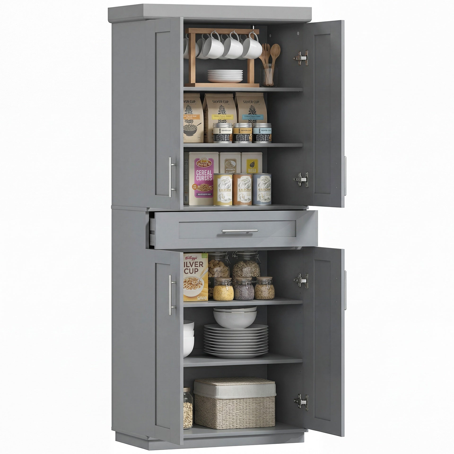 HOMCOM Modern Kitchen Pantry Freestanding Cabinet Cupboard with Doors and Drawer, Adjustable Shelving, Gray