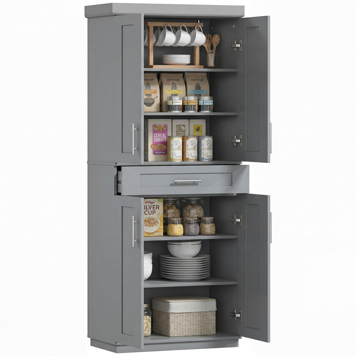 HOMCOM Modern Kitchen Pantry Freestanding Cabinet Cupboard with Doors and Drawer, Adjustable Shelving, Gray