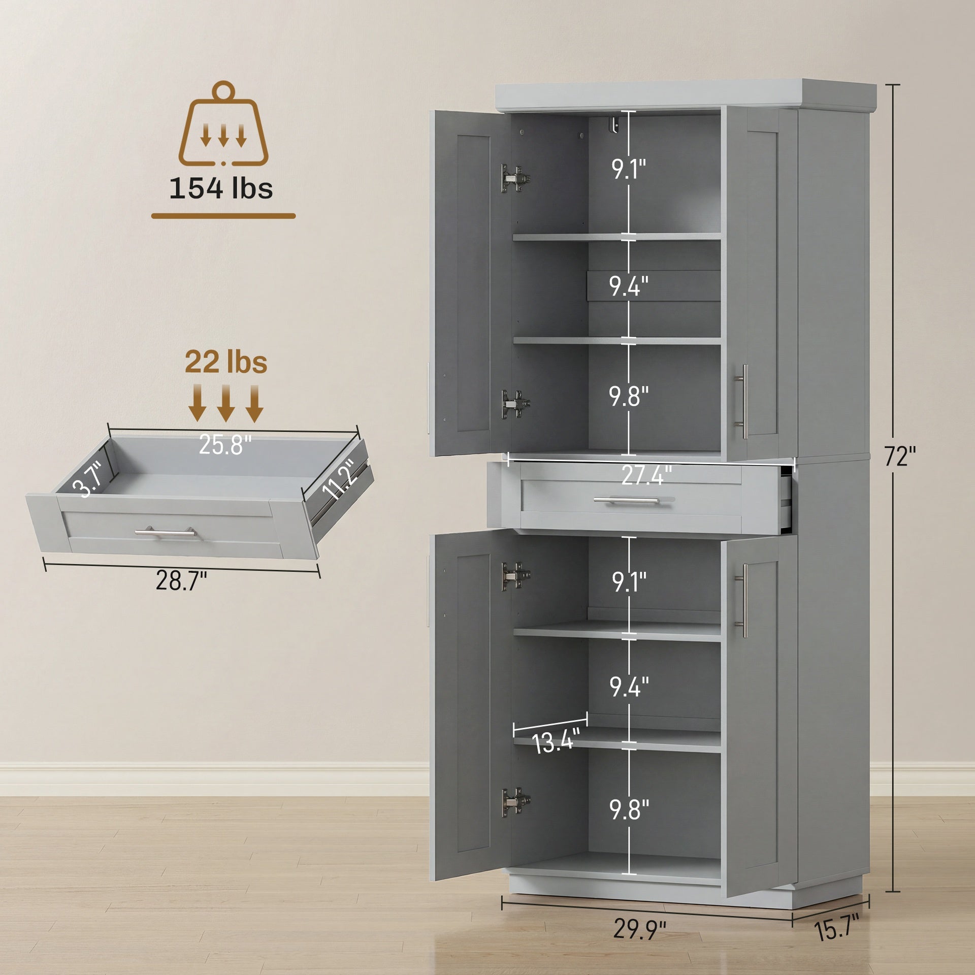 HOMCOM Modern Kitchen Pantry Freestanding Cabinet Cupboard with Doors and Drawer, Adjustable Shelving, Gray
