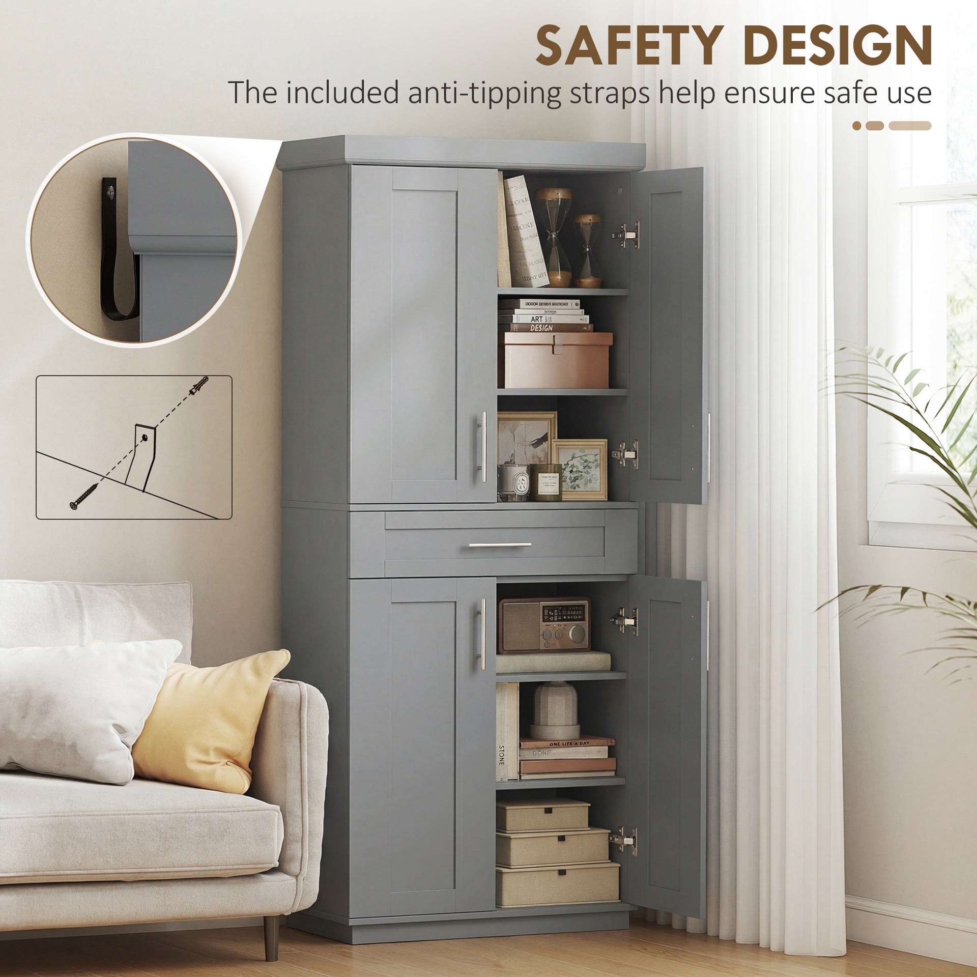 HOMCOM Modern Kitchen Pantry Freestanding Cabinet Cupboard with Doors and Drawer, Adjustable Shelving, Gray