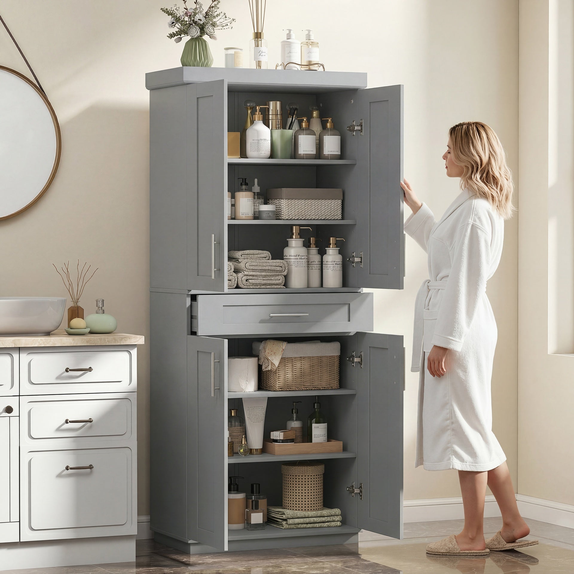 HOMCOM Modern Kitchen Pantry Freestanding Cabinet Cupboard with Doors and Drawer, Adjustable Shelving, Gray