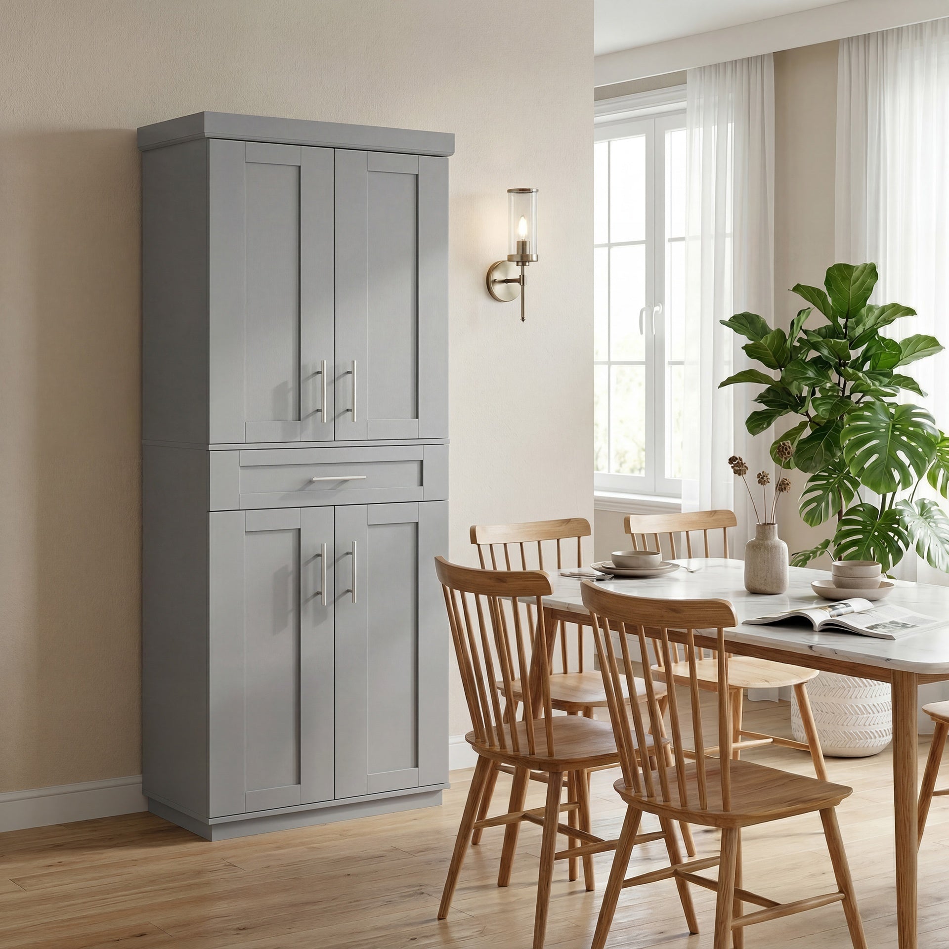 HOMCOM Modern Kitchen Pantry Freestanding Cabinet Cupboard with Doors and Drawer, Adjustable Shelving, Gray