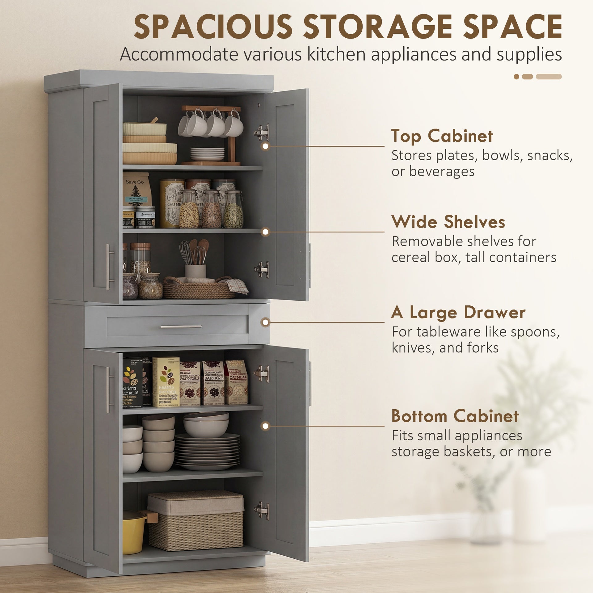 HOMCOM Modern Kitchen Pantry Freestanding Cabinet Cupboard with Doors and Drawer, Adjustable Shelving, Gray