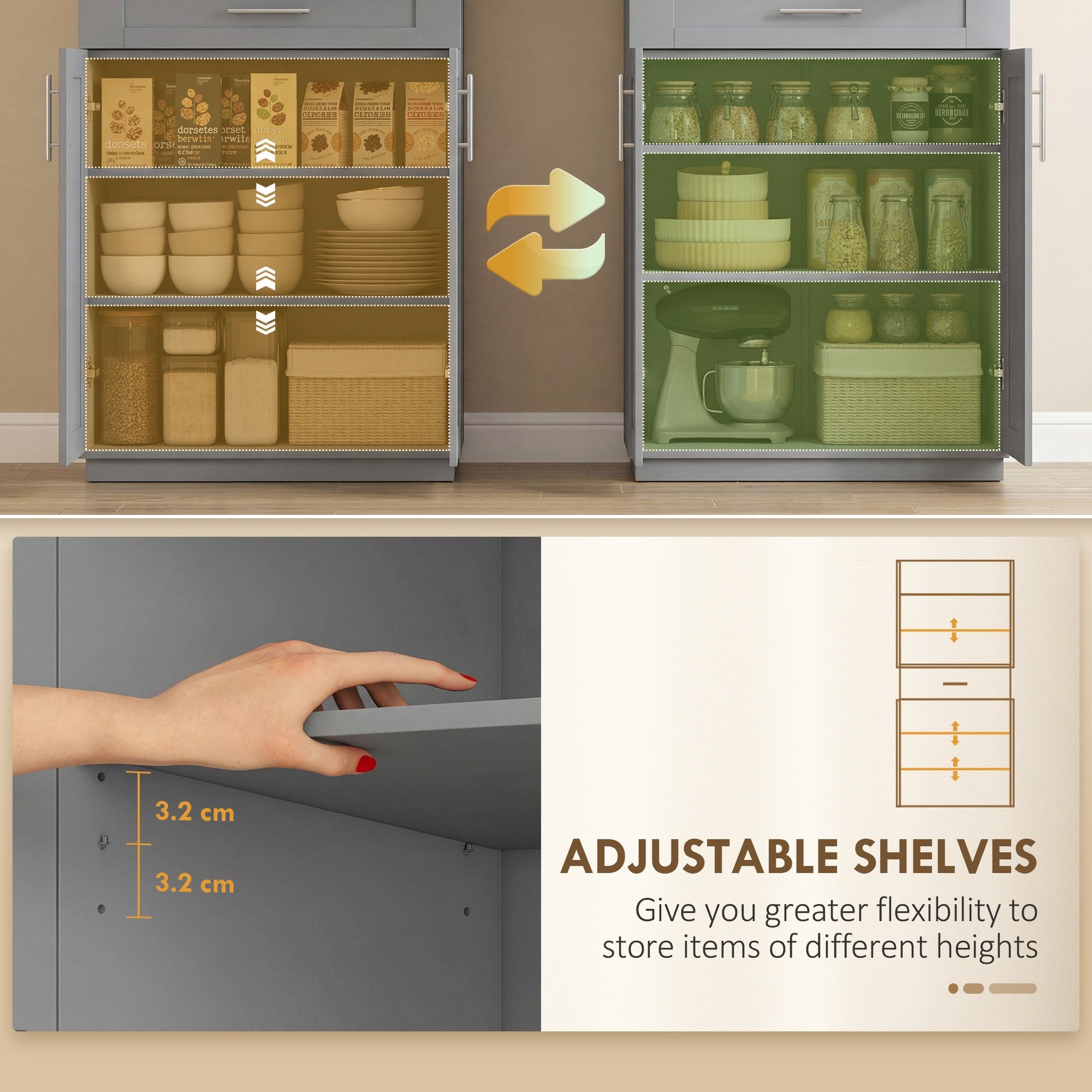HOMCOM Modern Kitchen Pantry Freestanding Cabinet Cupboard with Doors and Drawer, Adjustable Shelving, Gray