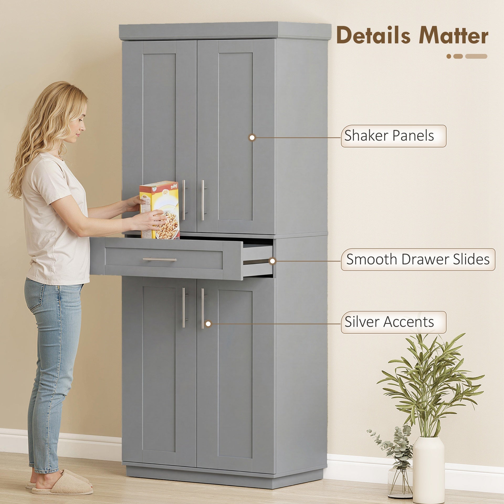 HOMCOM Modern Kitchen Pantry Freestanding Cabinet Cupboard with Doors and Drawer, Adjustable Shelving, Gray