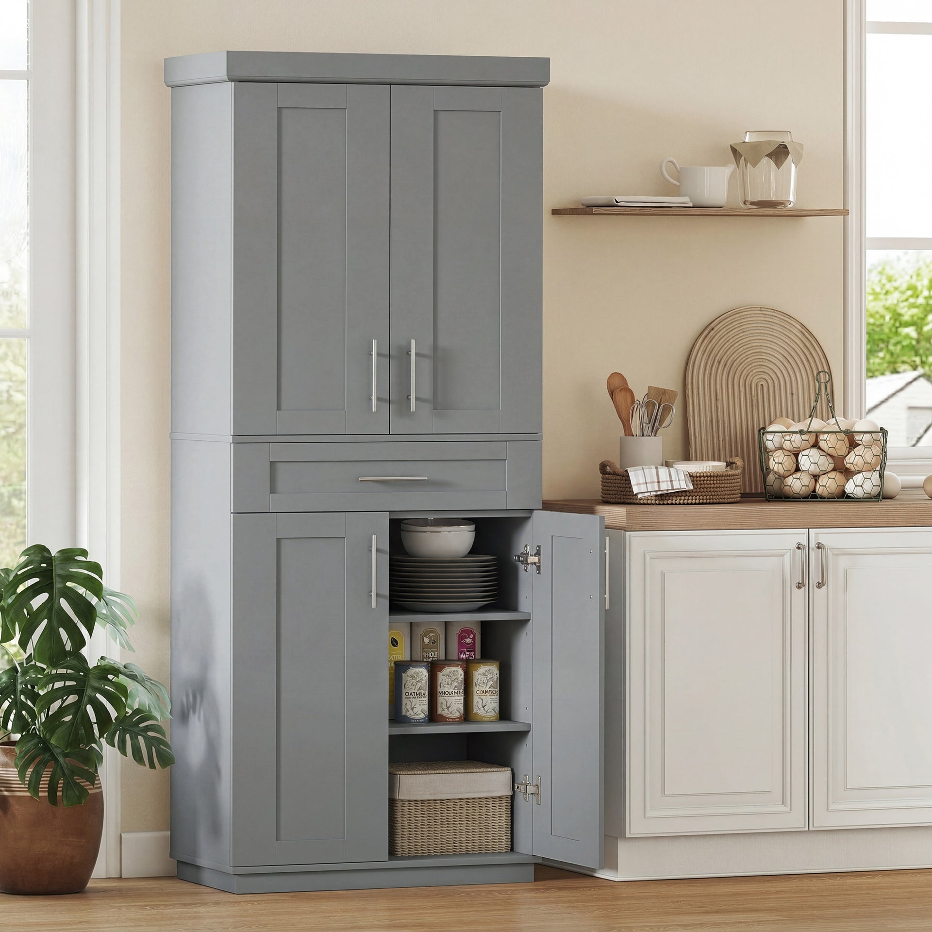 HOMCOM Modern Kitchen Pantry Freestanding Cabinet Cupboard with Doors and Drawer, Adjustable Shelving, Gray