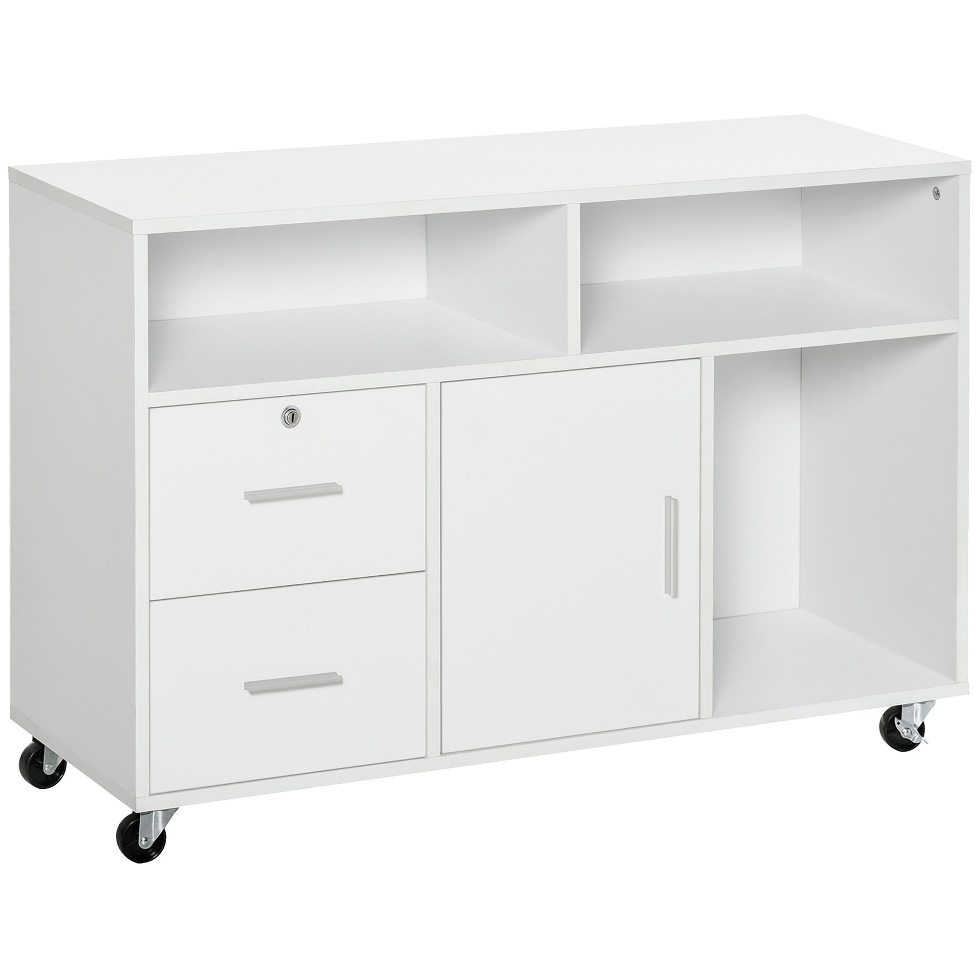HOMCOM Printer Stand Home Office Mobile Storage Cabinet Organizer Desktop with Caster Wheels, 2 Locking Breaks and Drawer, White