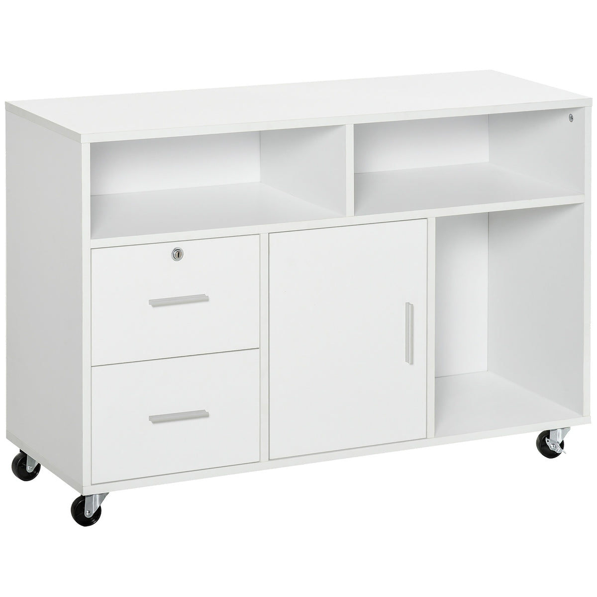 HOMCOM Printer Stand Home Office Mobile Storage Cabinet Organizer Desktop with Caster Wheels, 2 Locking Breaks and Drawer, White